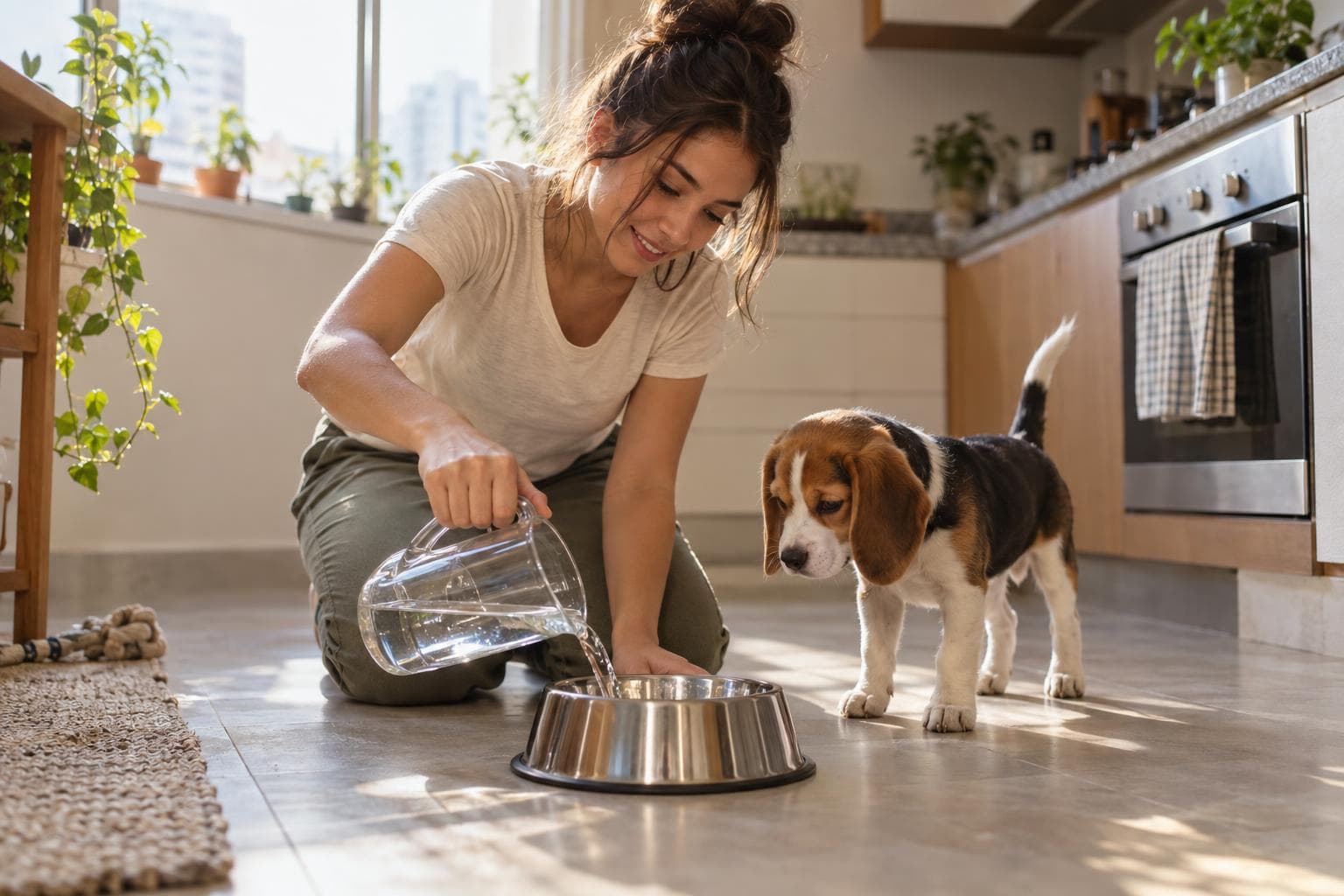 Tutora enchendo pote de água limpa para filhote de beagle
