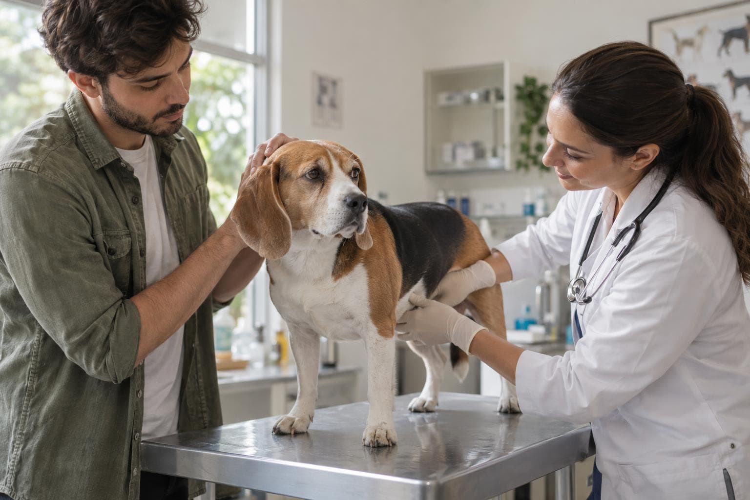 Veterinária examinando beagle na clínica enquanto tutor acaricia o cão