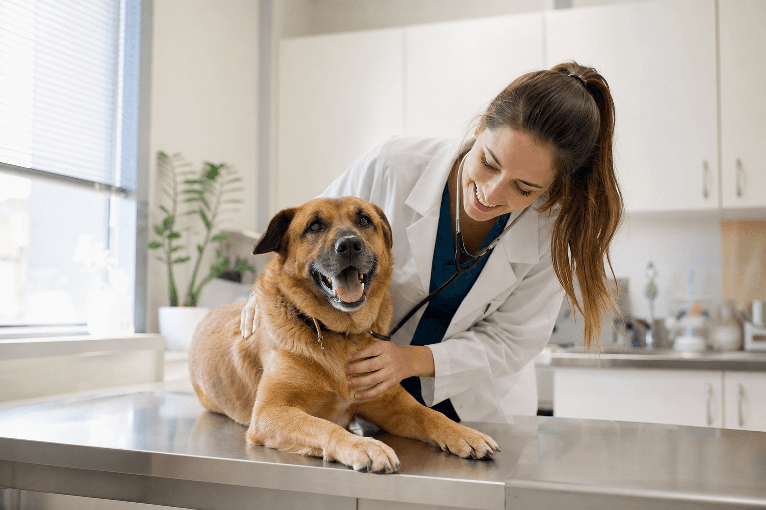 Cão sendo examinado por veterinária sorridente em clínica moderna