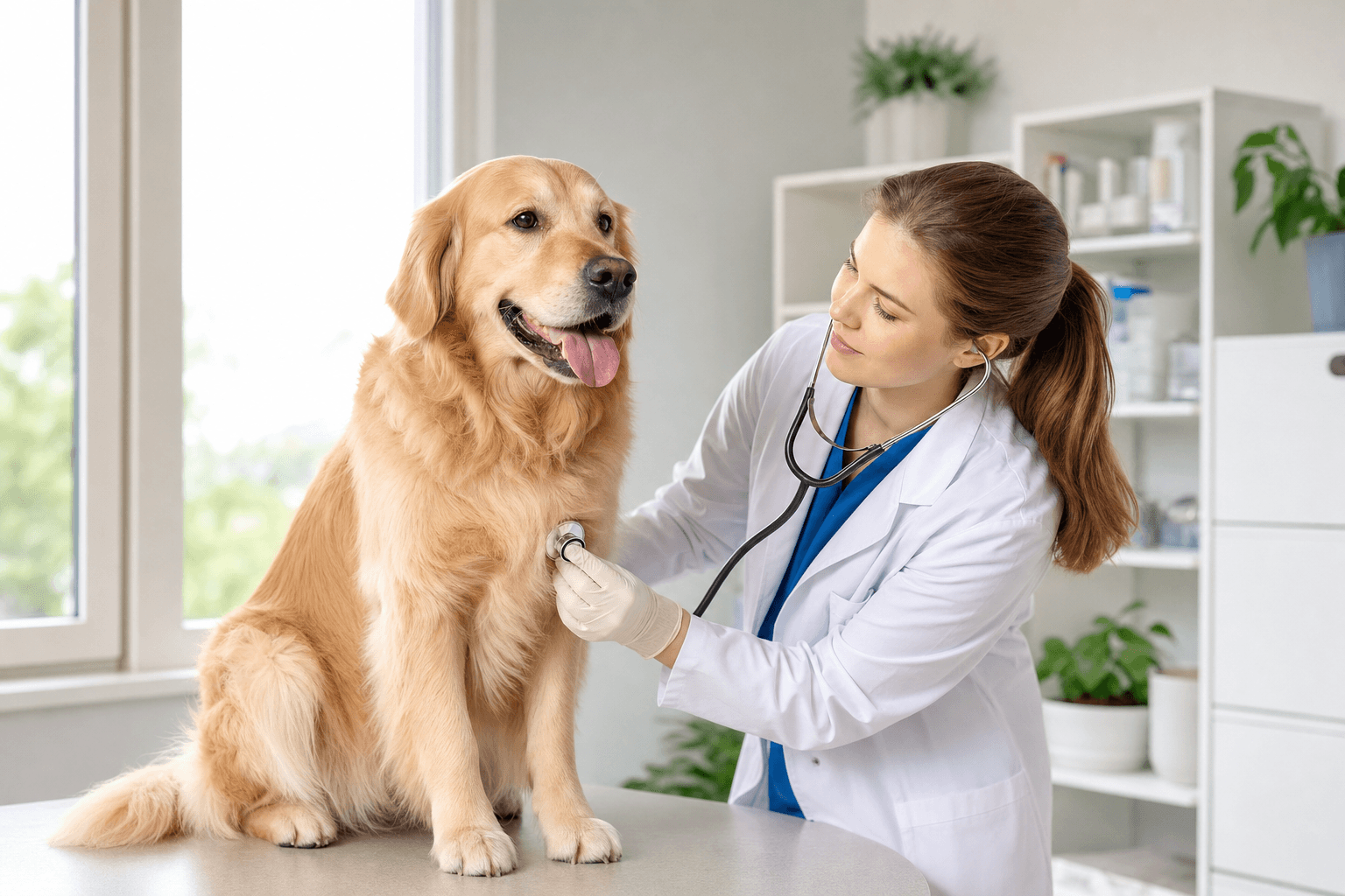 Veterinária examinando cão golden retriever em clínica iluminada