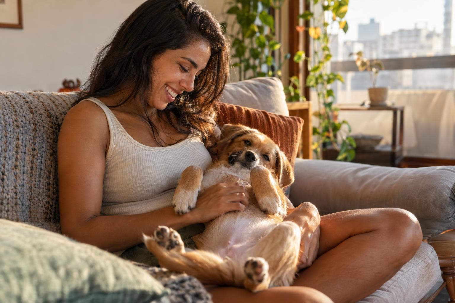 Tutora acariciando a barriga de filhote deitado no sofá