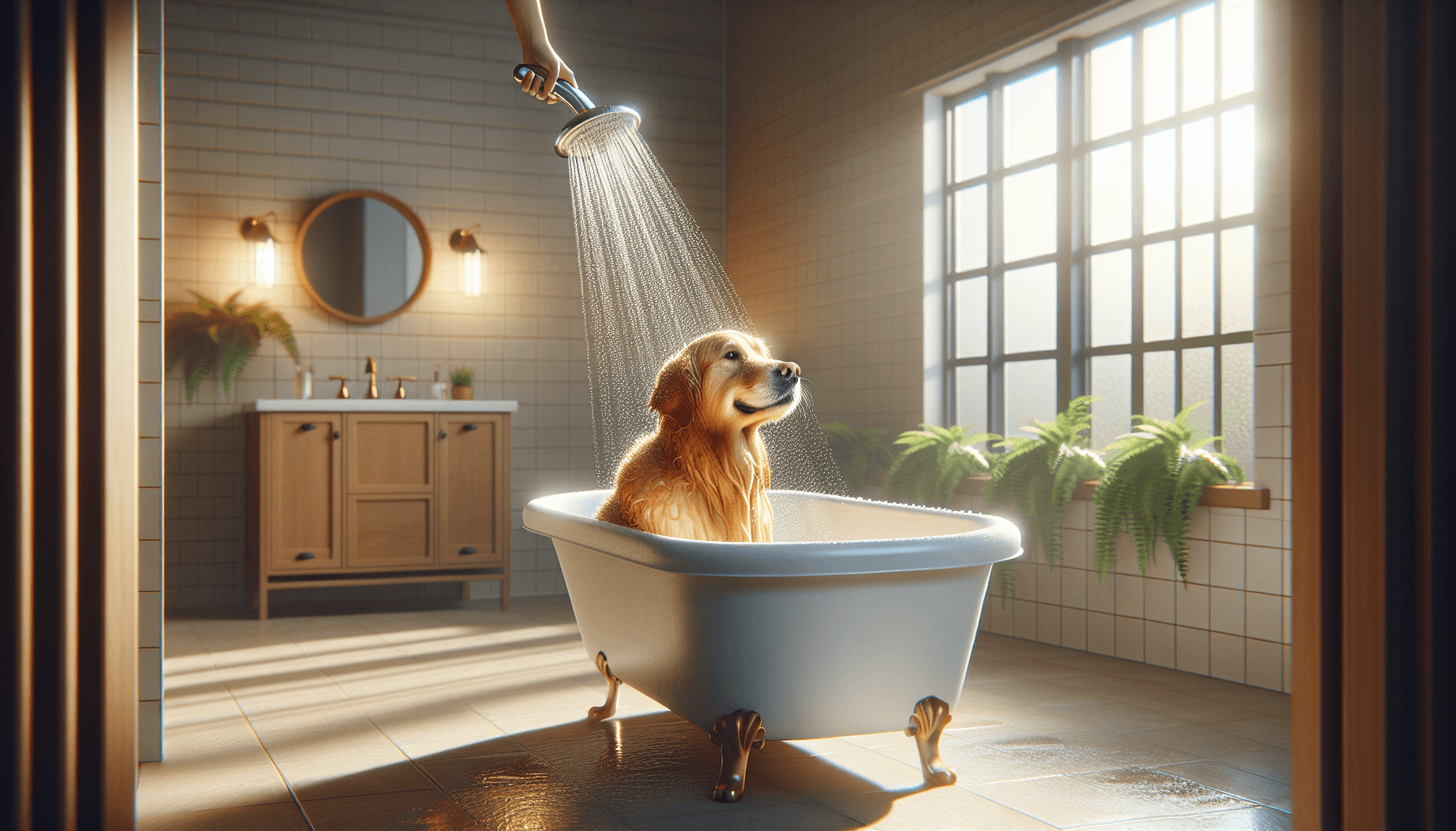 Cachorro golden retriever tomando banho tranquilo com tutor sorrindo