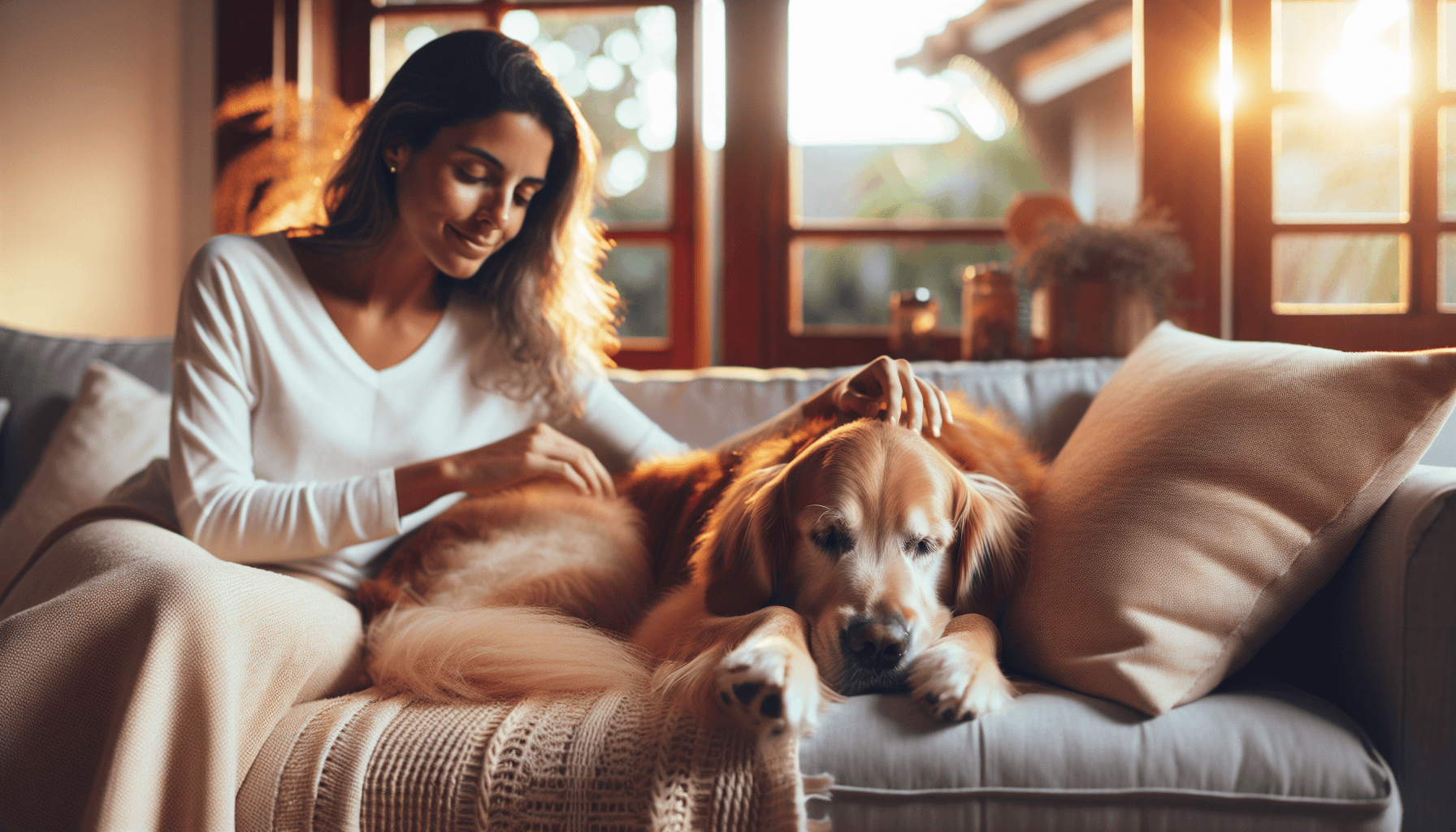 Cachorro golden retriever descansando ao lado de tutora em sofá