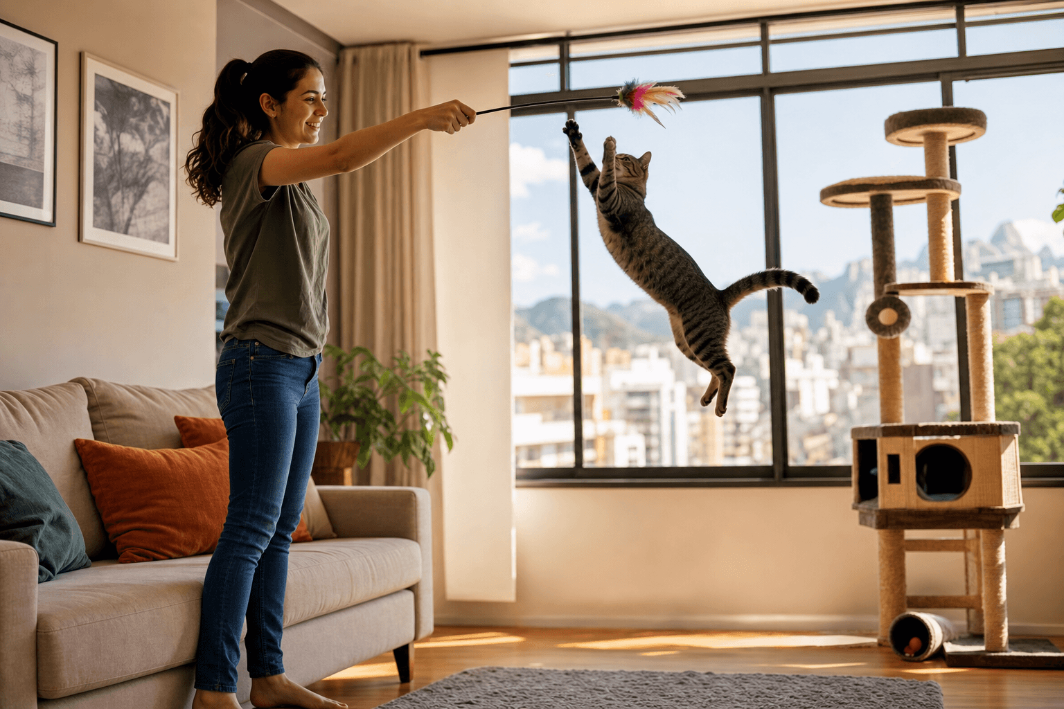 Tutora brincando com gato malhado usando varinha de penas em apartamento iluminado