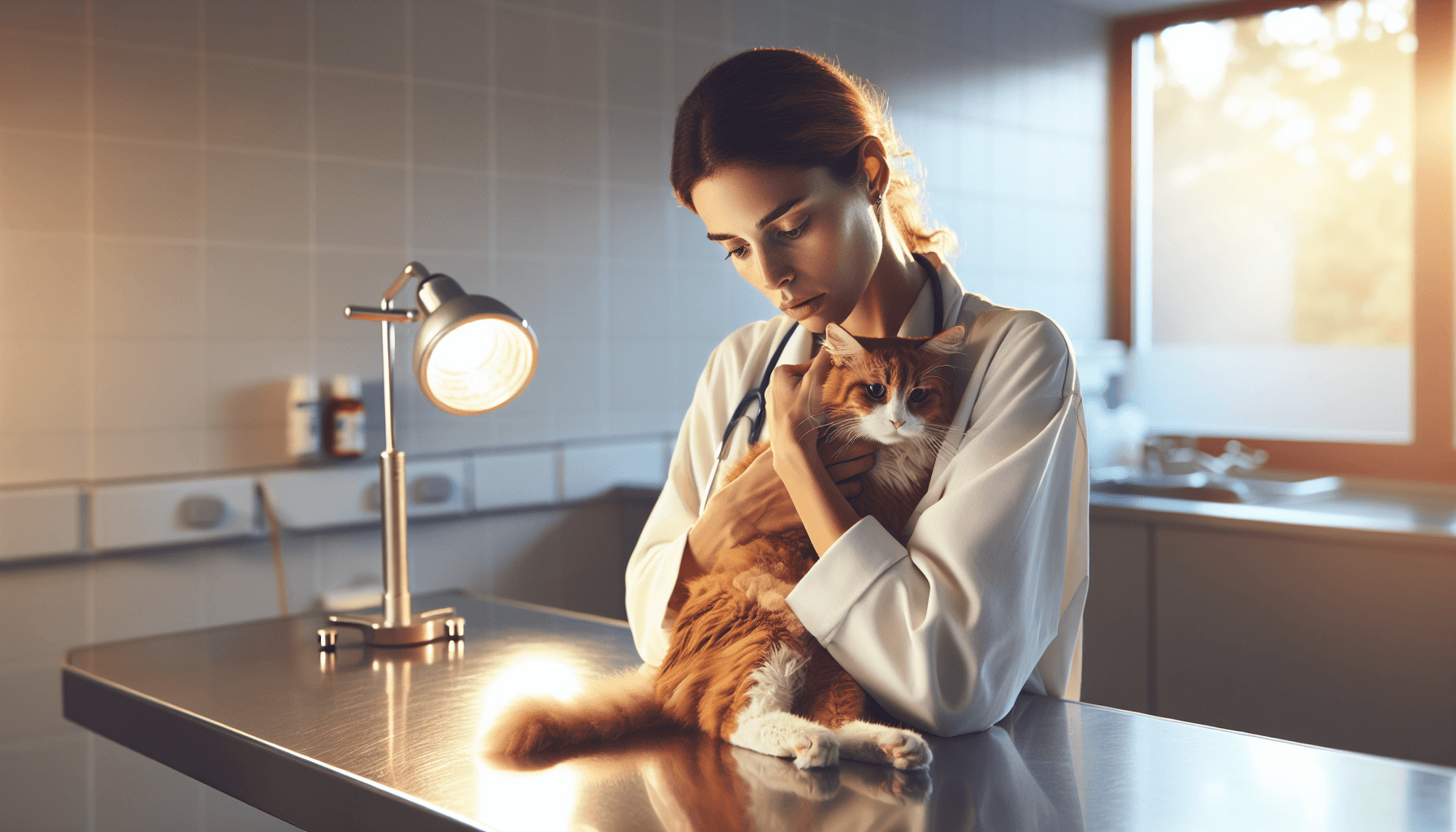 Tutora segurando gato laranja em mesa de consulta veterinária
