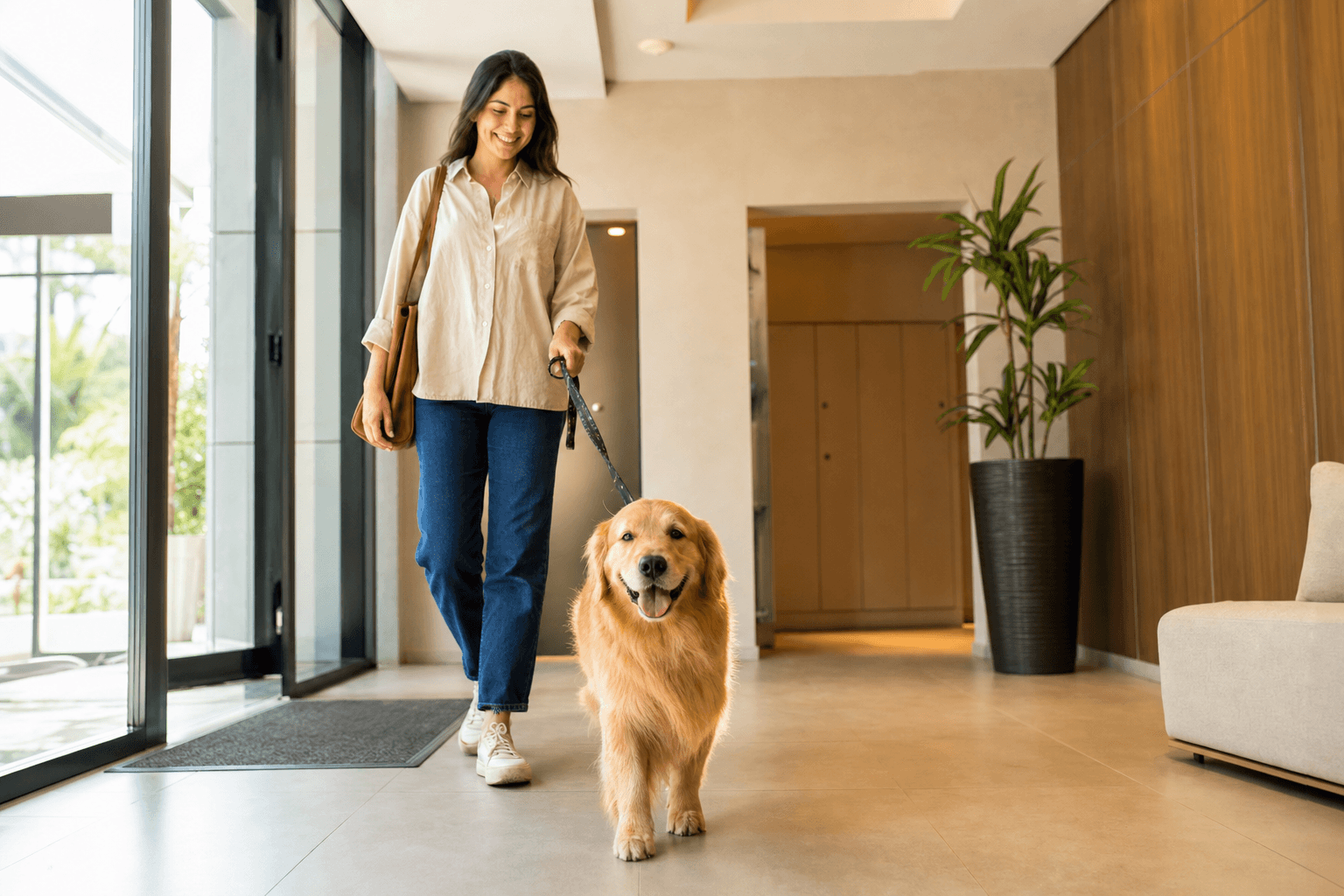 Cachorro golden retriever passeando com tutor em hall de condomínio