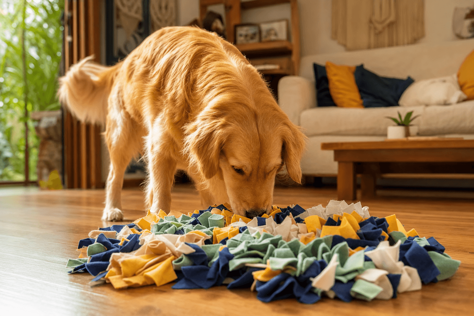 Cão farejando tapete de enriquecimento ambiental em sala de estar