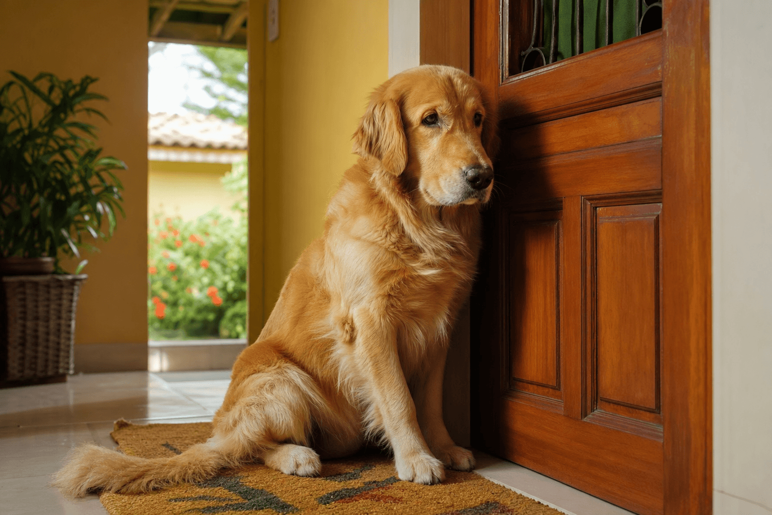 Cão golden retriever sozinho esperando tutor na porta de casa
