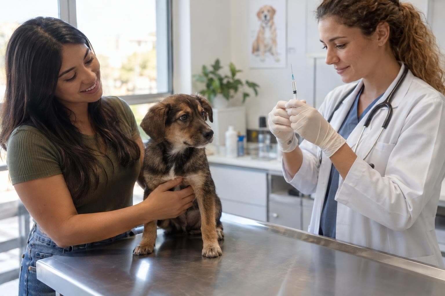 Tutora segura filhote enquanto veterinária prepara vacina na clínica