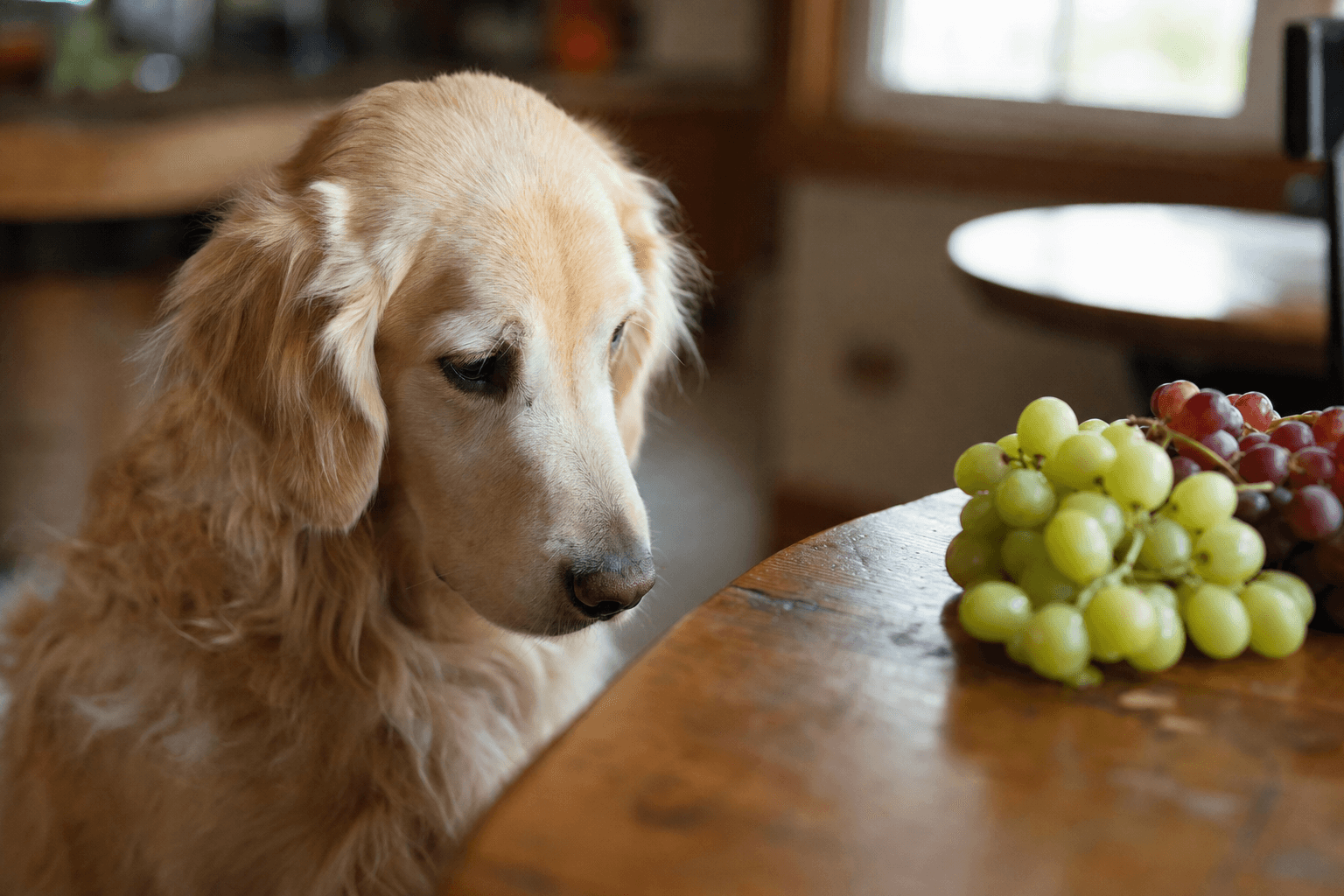 Cachorro golden retriever olhando para cacho de uvas em mesa