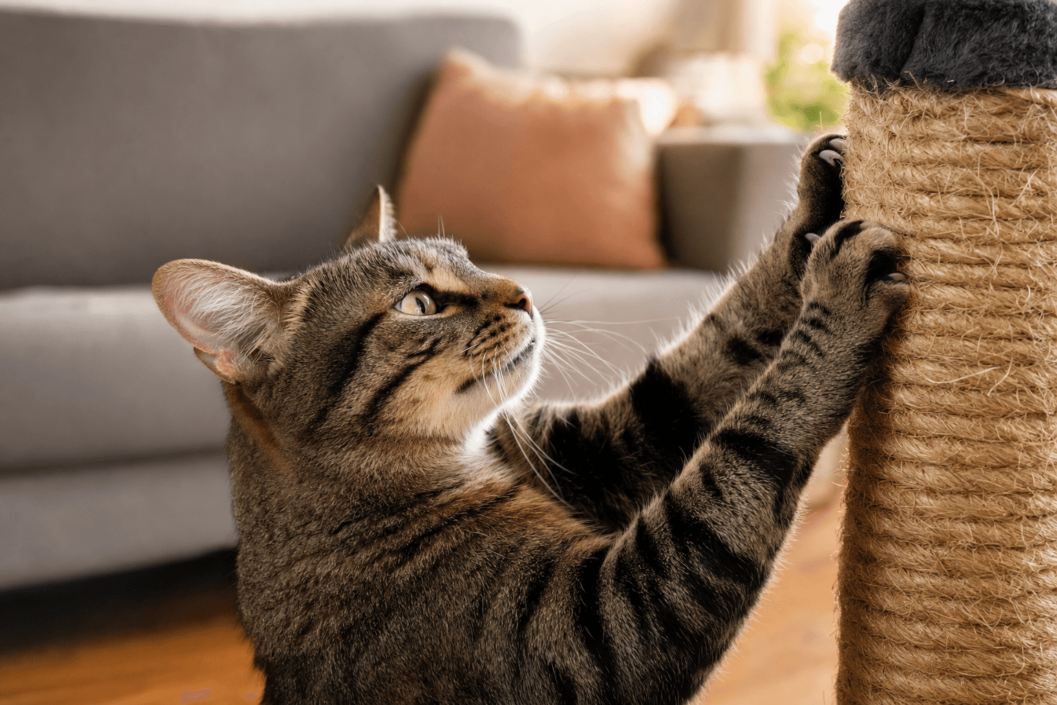 Gato rajado usando arranhador de sisal em sala de estar
