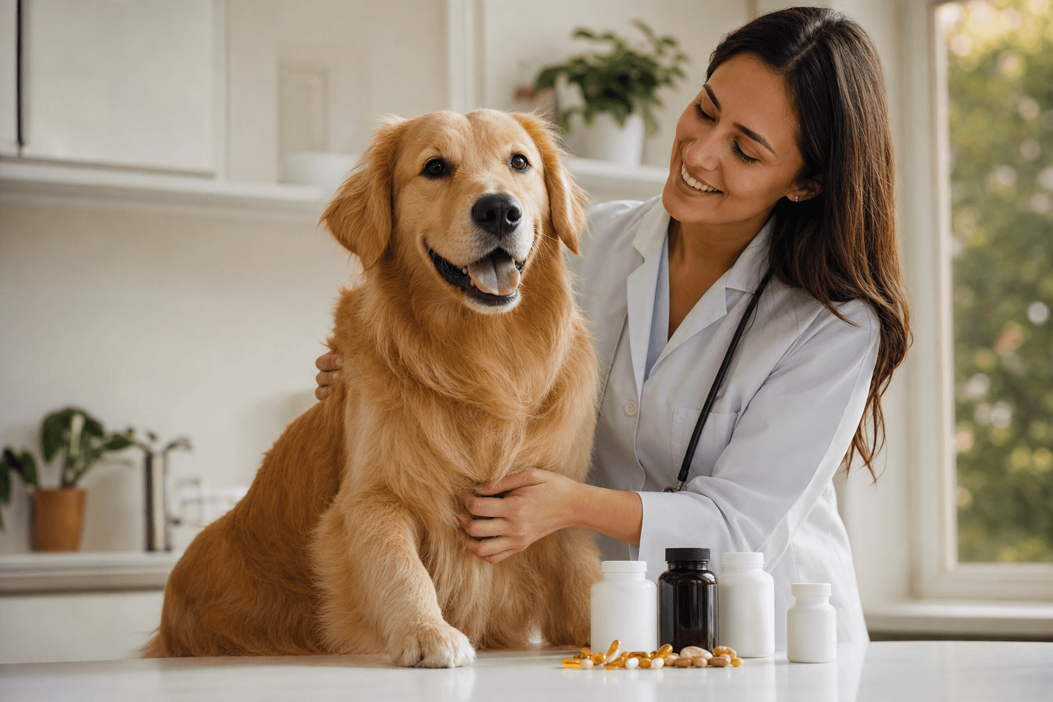 Veterinária examinando cão golden retriever ao lado de suplementos pet