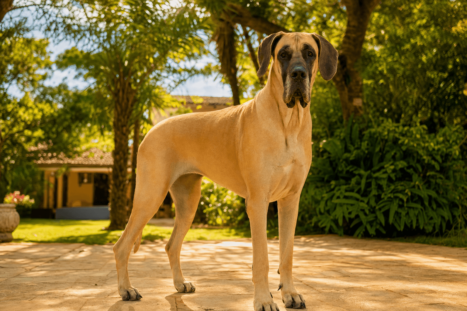 Dogue Alemão fawn em jardim ensolarado olhando para câmera