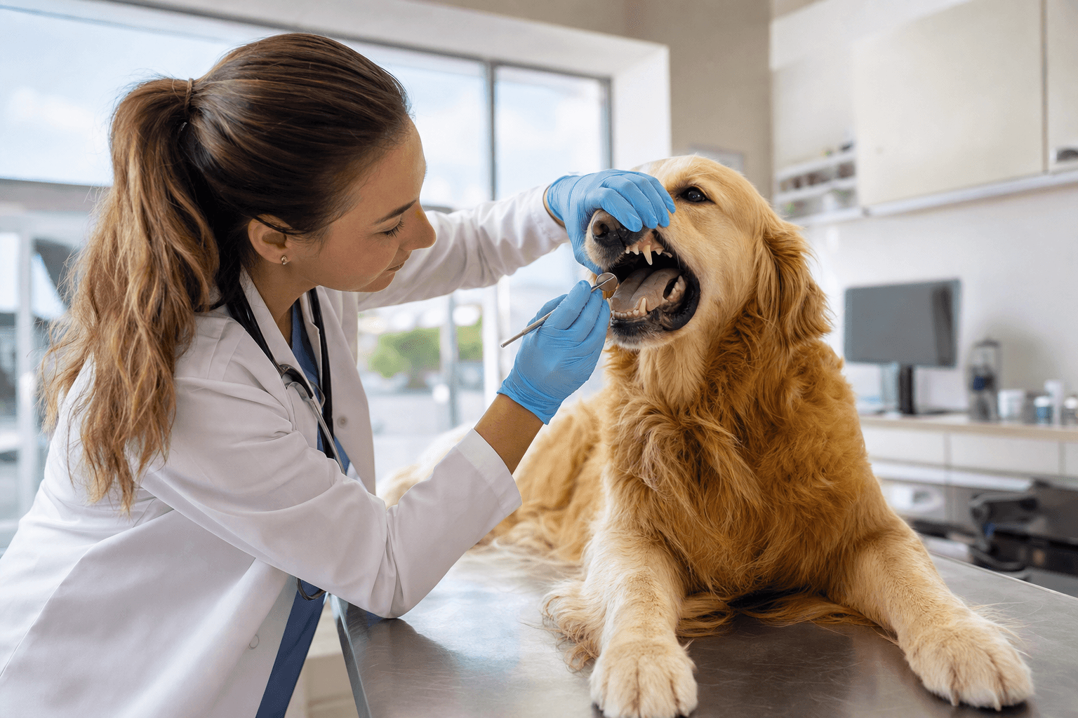 Veterinária examinando os dentes de um cachorro golden retriever em clínica