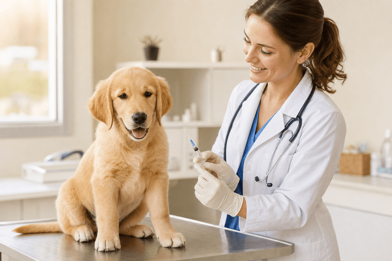 Filhote de golden retriever sendo vacinado por veterinária em clínica