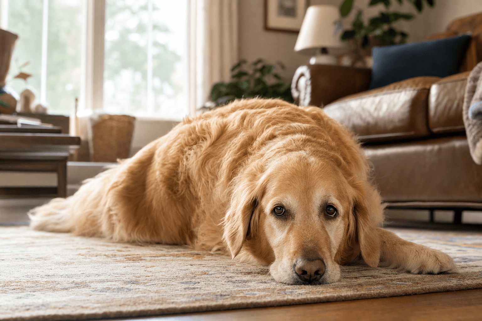 Cachorro golden retriever deitado com expressão triste em sala de estar