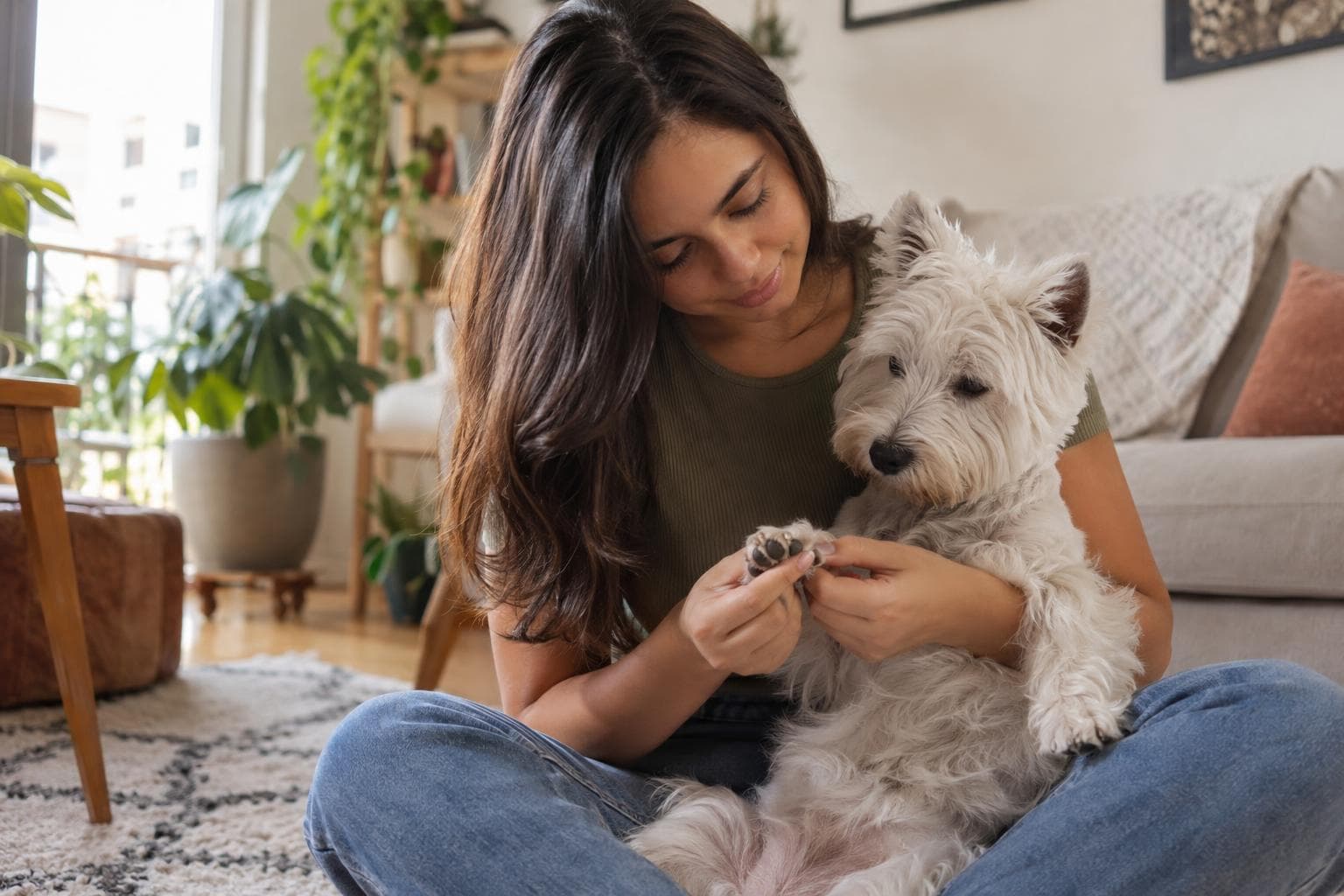 Tutora examinando com carinho a pata de cachorro branco em casa