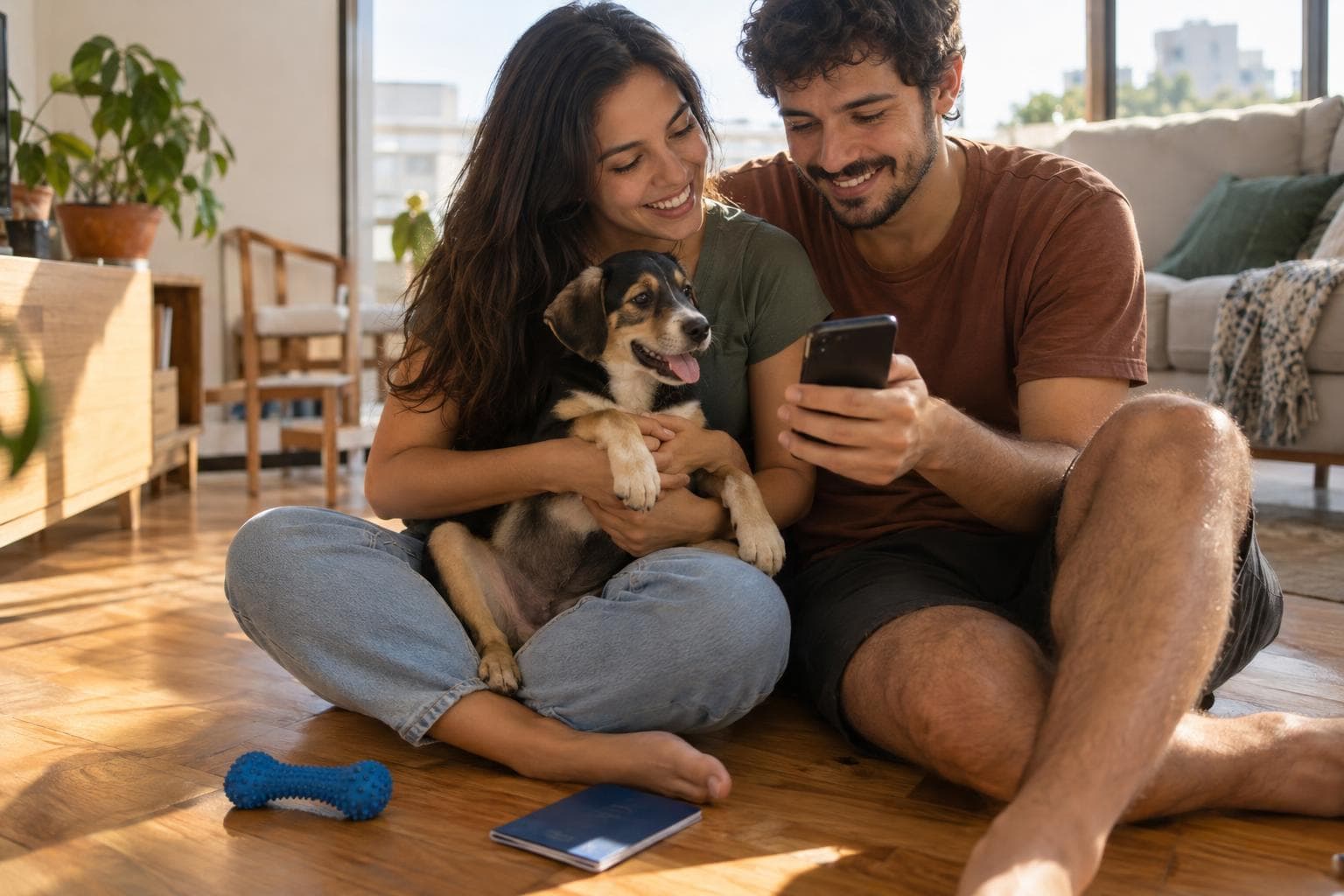 Casal com filhote no colo comparando plano no celular