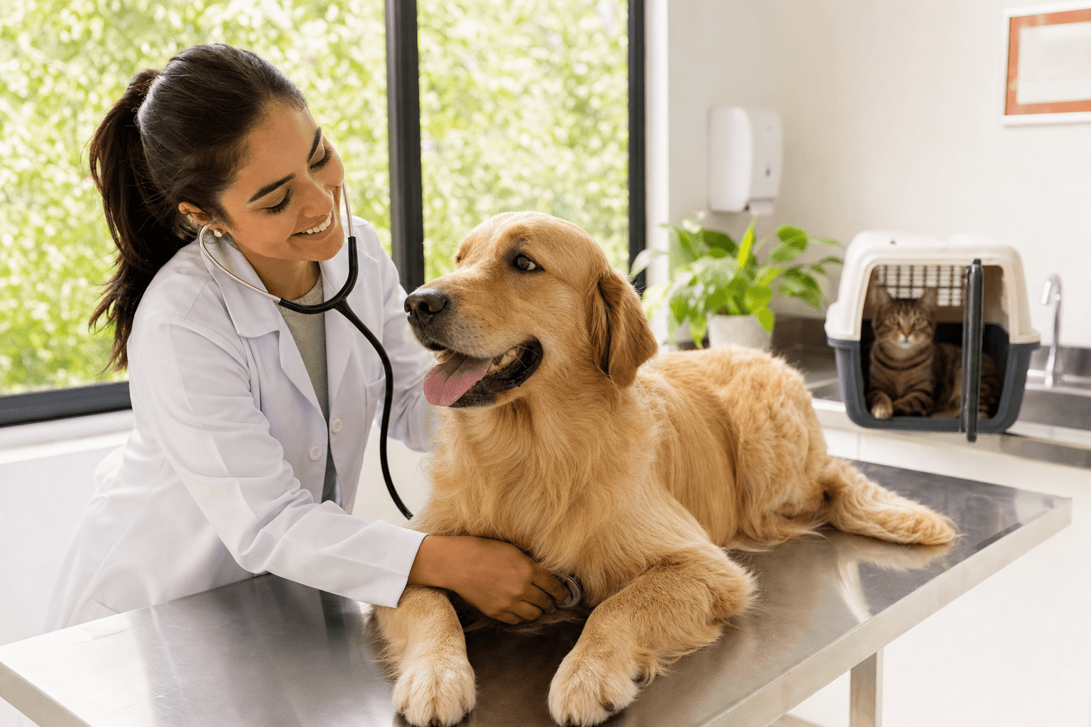 Veterinária examinando cão golden retriever em clínica iluminada