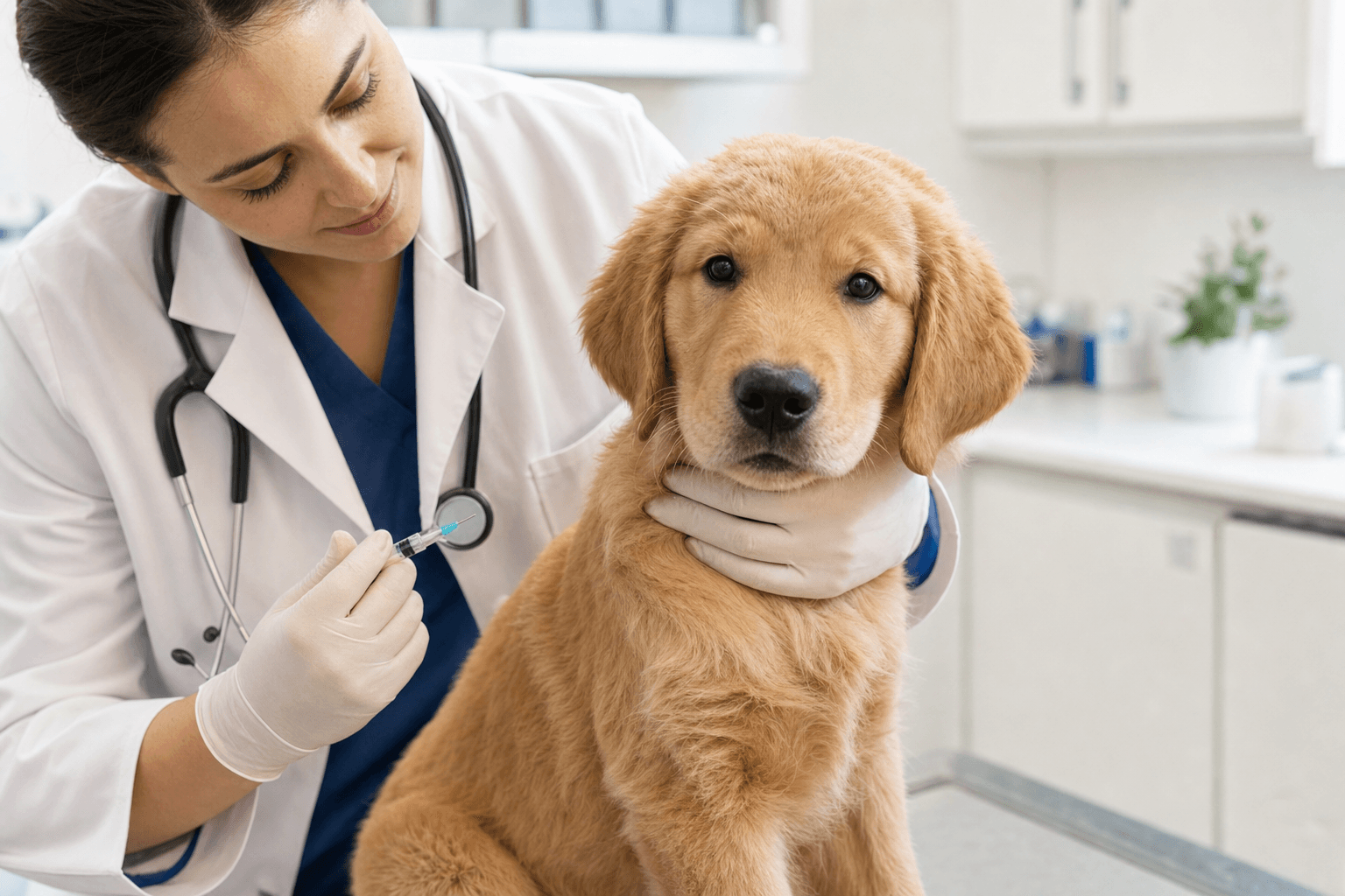Filhote de golden retriever sendo vacinado em clínica veterinária