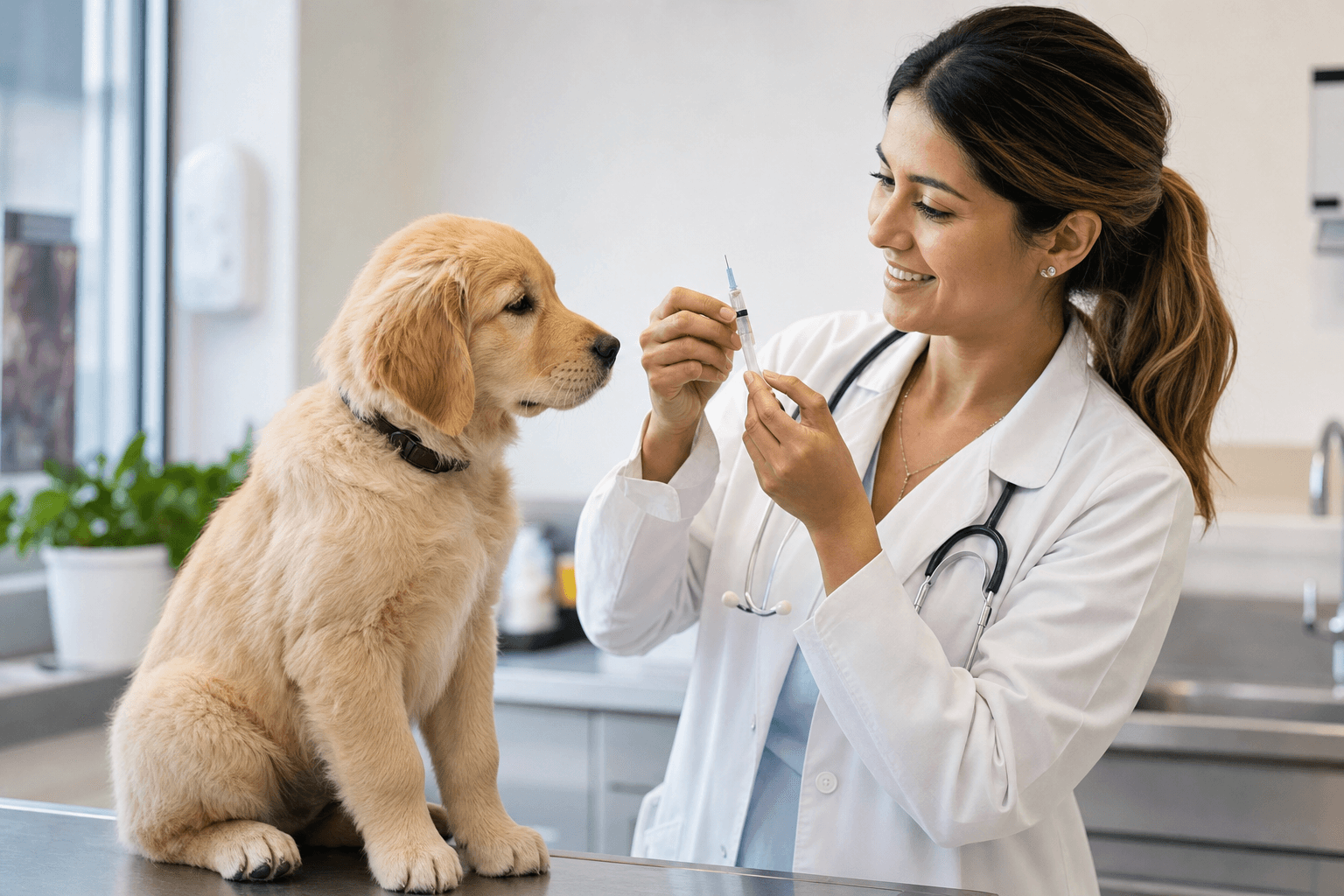 Filhote golden retriever sendo vacinado por veterinária em clínica