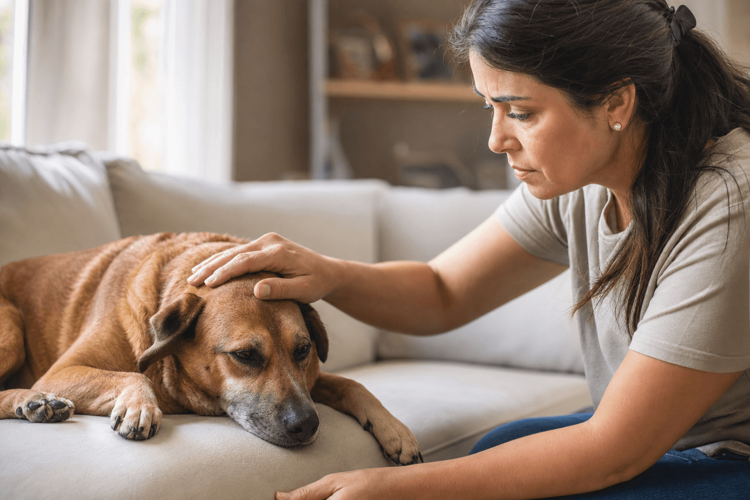 Tutora acariciando cão marrom deitado e letárgico no sofá