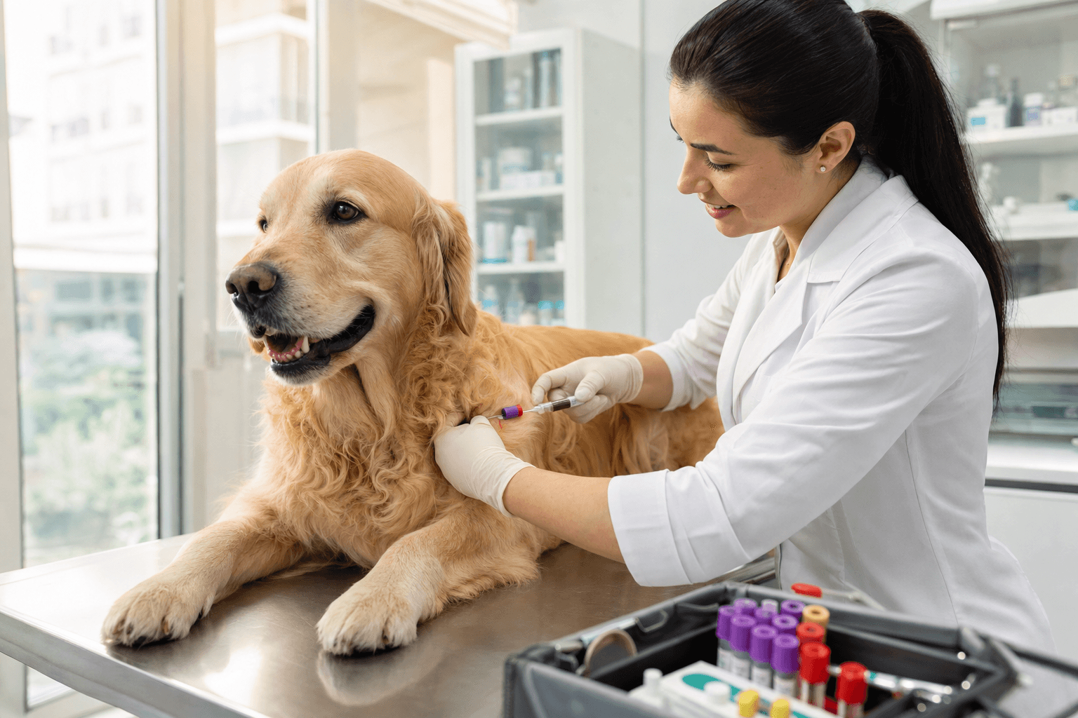 Golden retriever deitado sendo atendido por veterinária durante doação de sangue