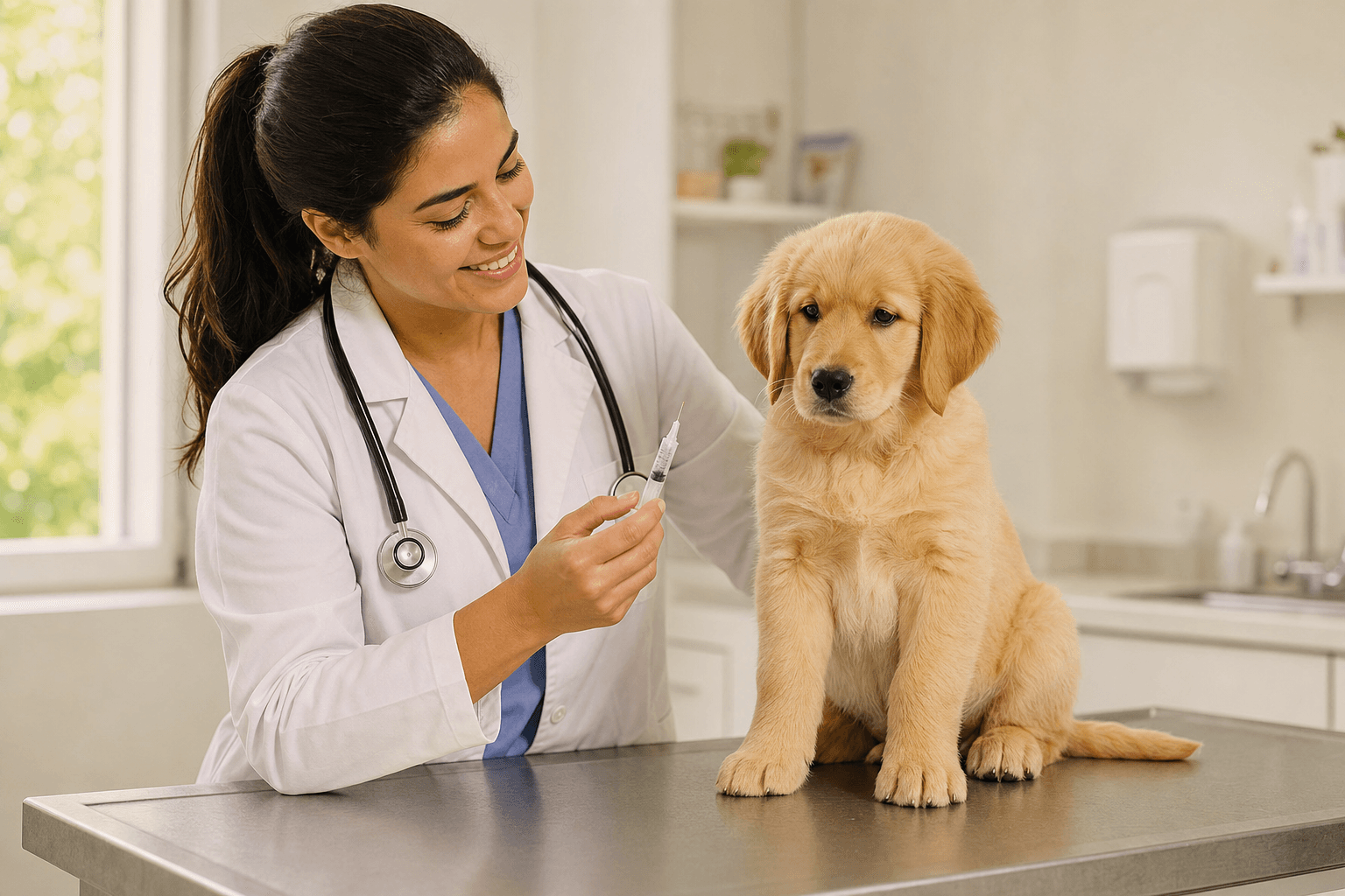 Filhote golden retriever sendo vacinado por veterinária em clínica