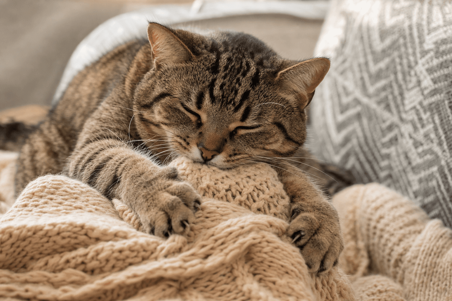 Gato malhado mordendo cobertor bege no sofá com expressão relaxada