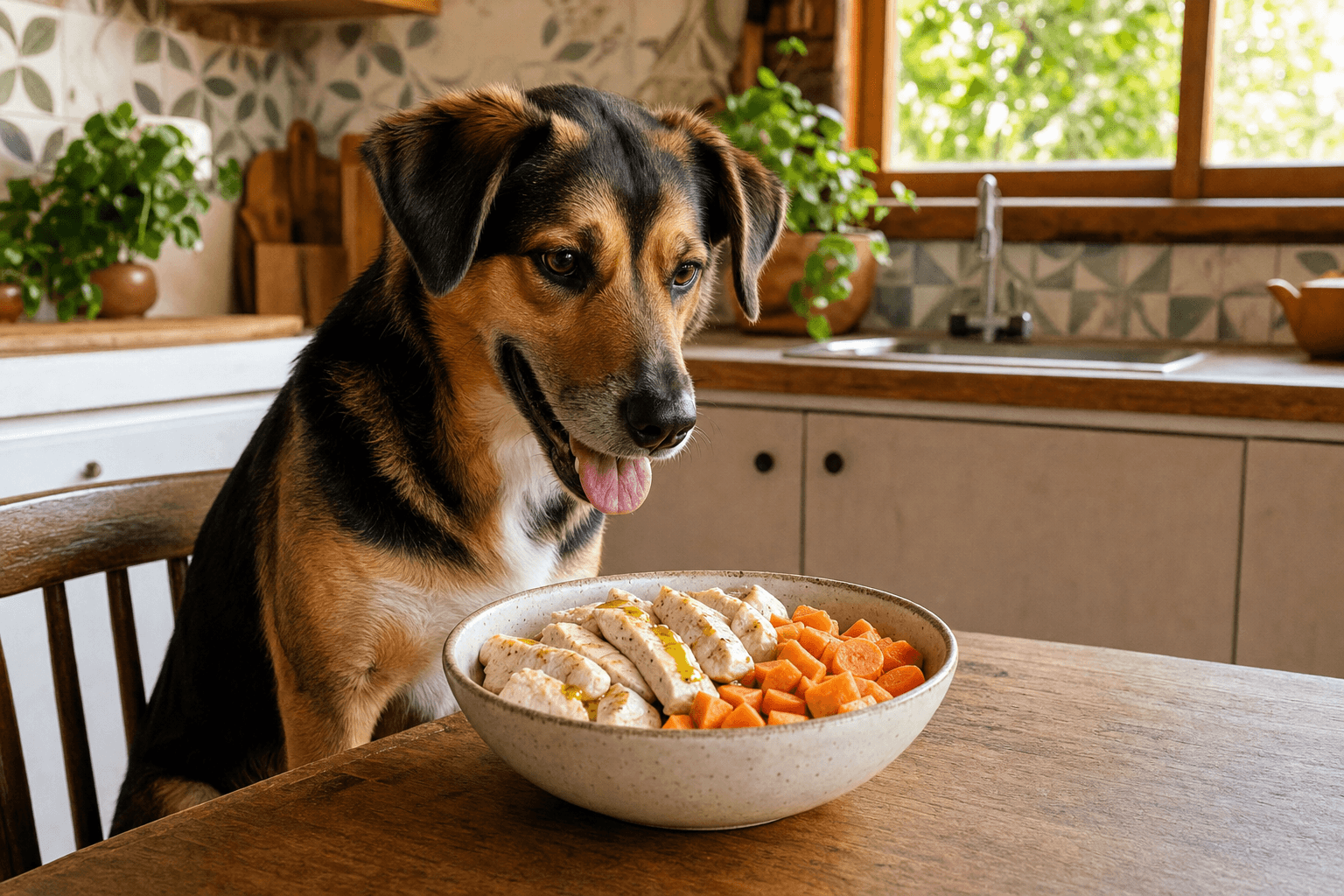 Cão feliz diante de tigela com ingredientes naturais frescos na cozinha
