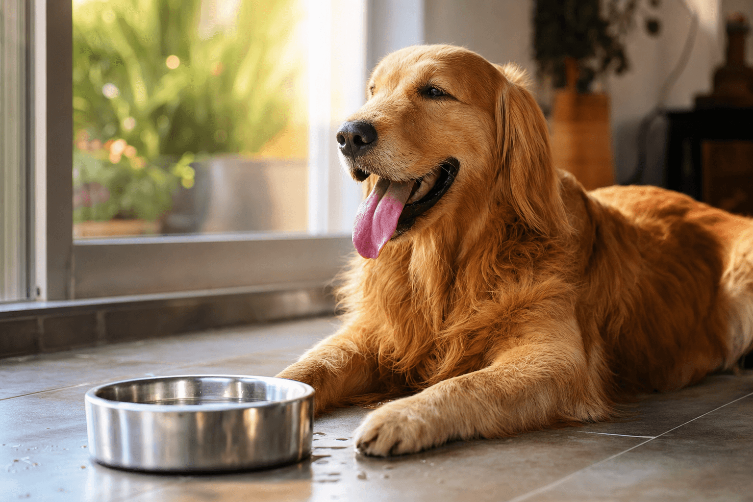 Cão golden retriever ofegante deitado em piso frio no verão