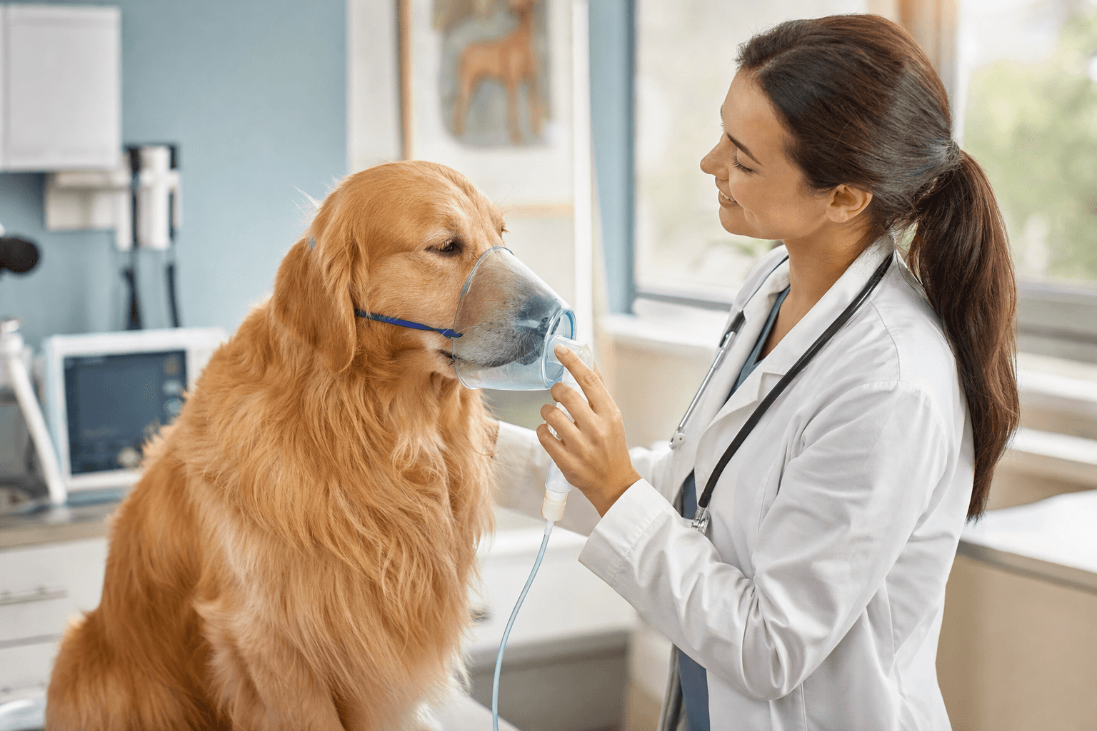 Cão golden retriever recebendo nebulização em clínica veterinária