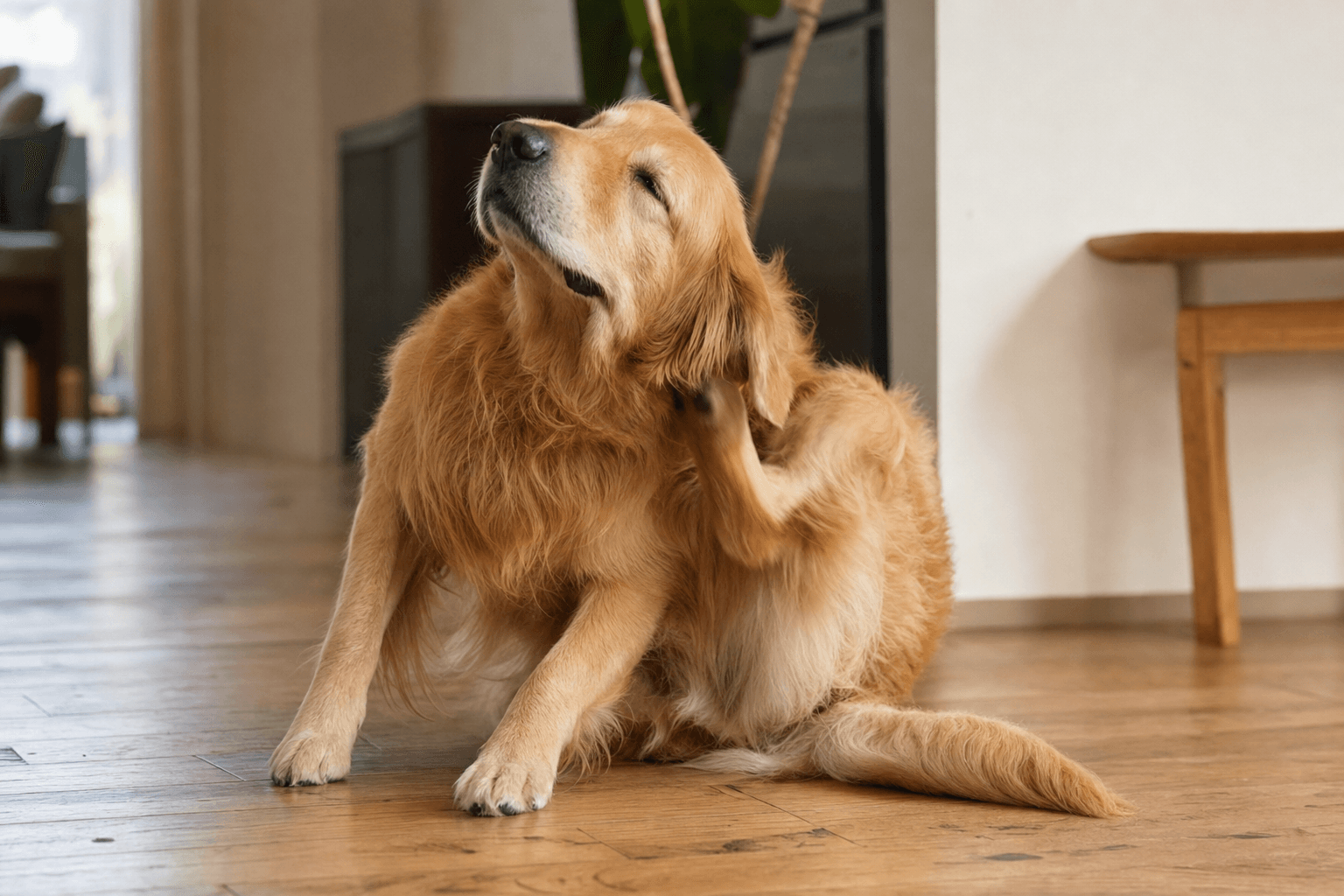 Cachorro golden retriever coçando o pescoço com a pata traseira