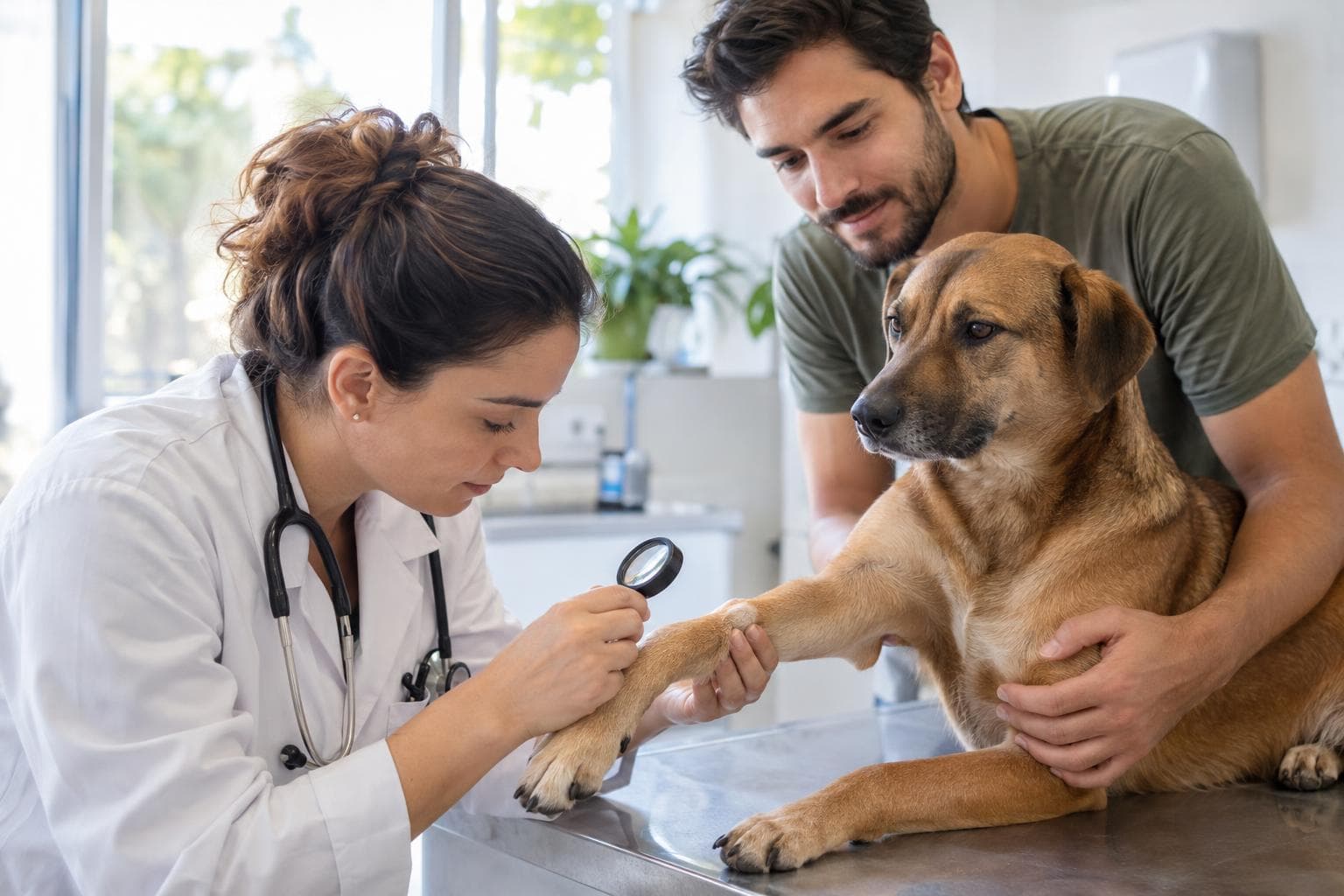 Veterinária examina pele de cachorro com lupa ao lado do tutor