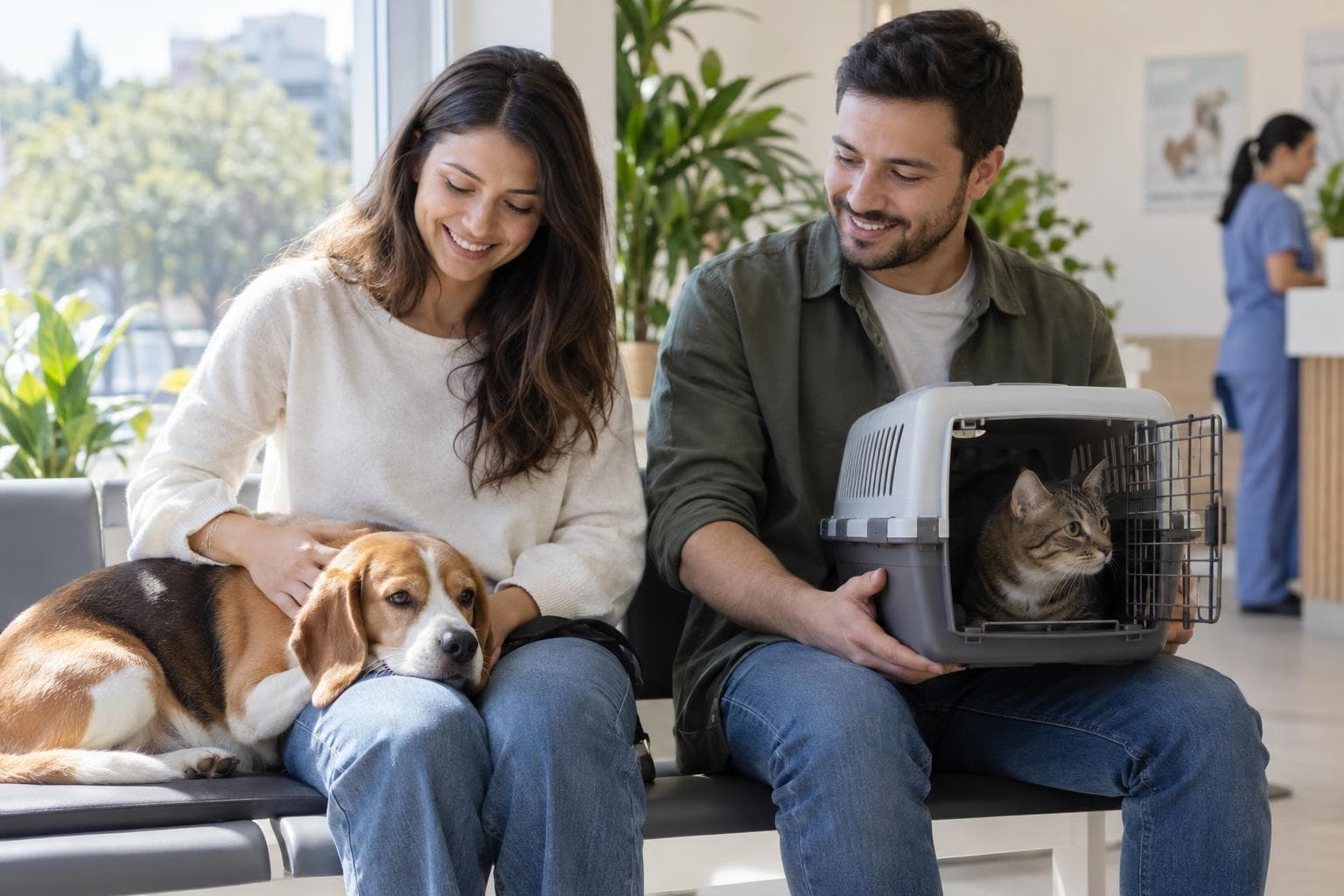 Tutores com beagle e gato aguardando atendimento em clínica veterinária