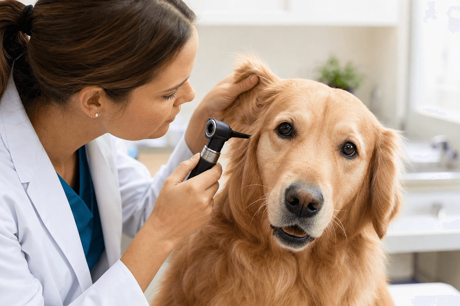 Veterinária examinando ouvido de cachorro Golden Retriever na clínica