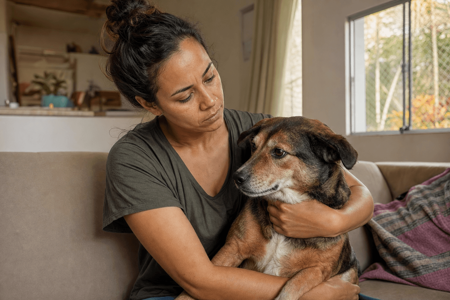 Tutora brasileira abraçando cachorro no sofá com expressão de cuidado