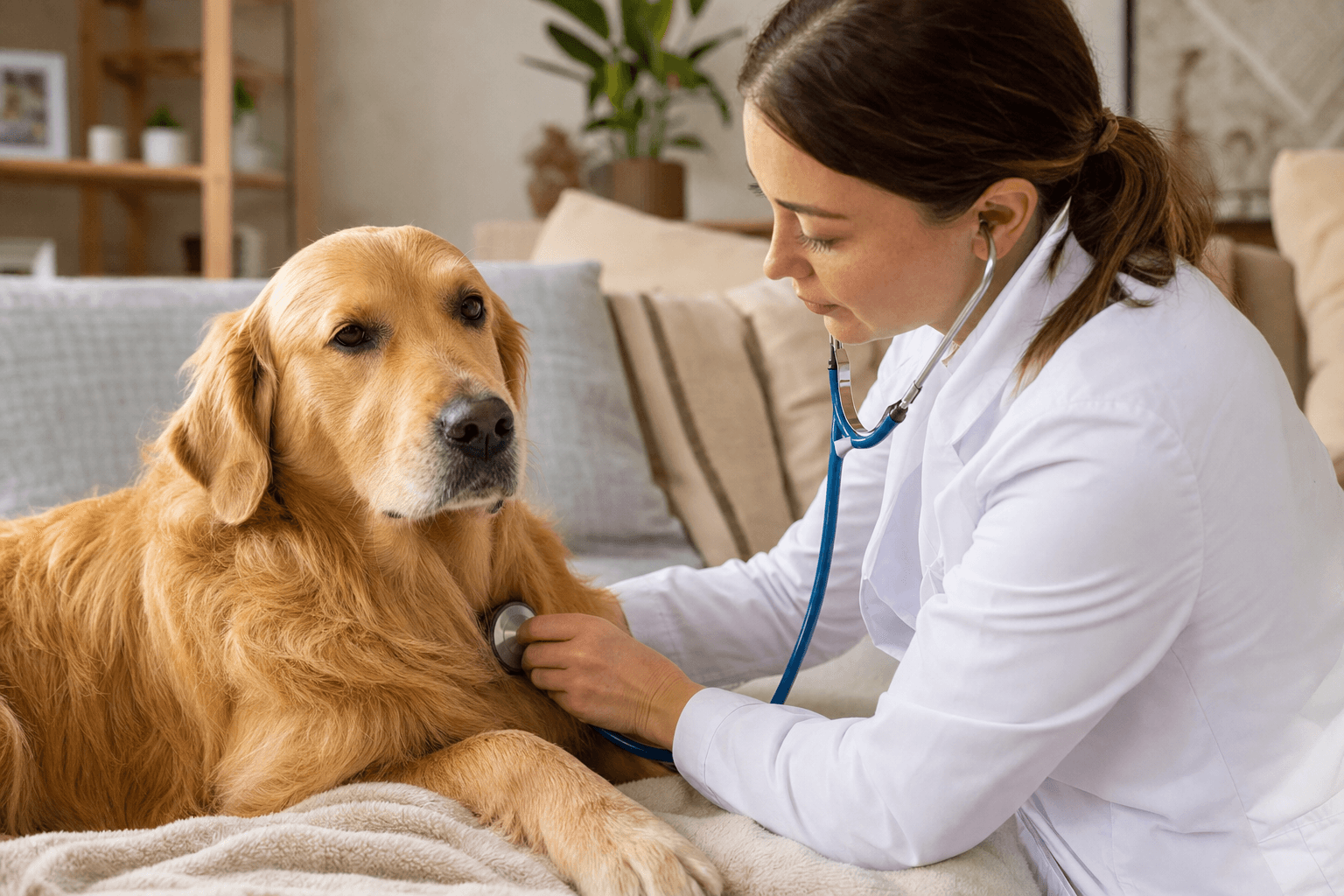 Veterinária examinando cachorro golden retriever em ambiente doméstico acolhedor