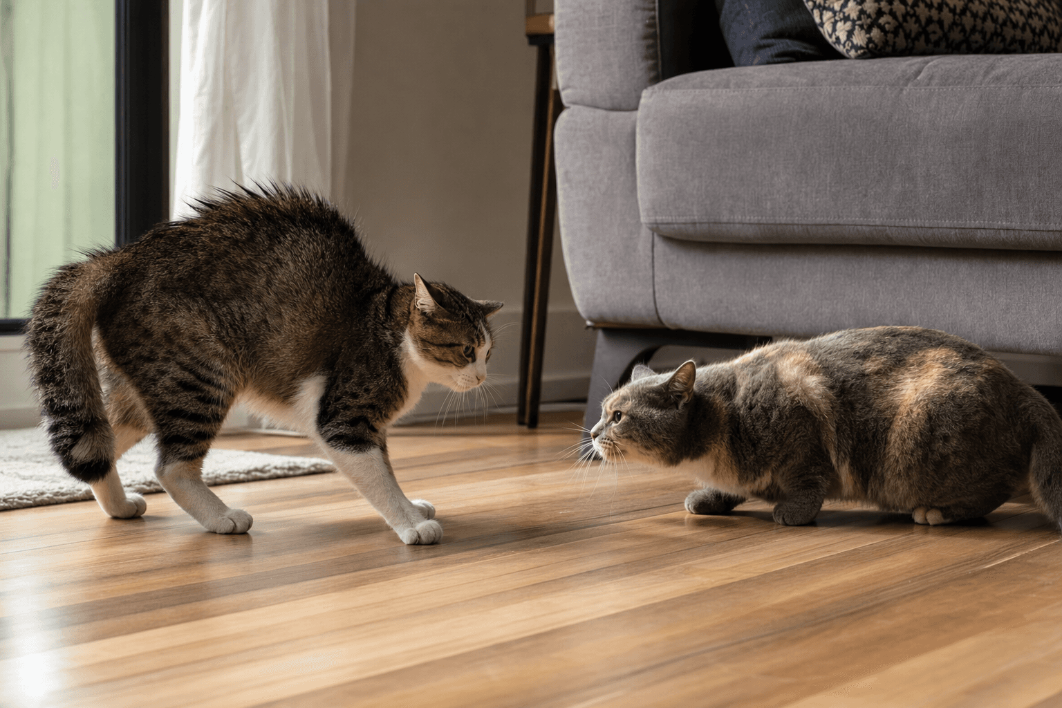 Dois gatos domésticos em postura de tensão na sala de estar