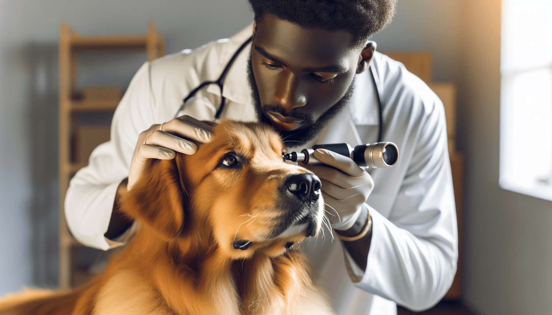 Veterinário examinando os olhos de um golden retriever em clínica
