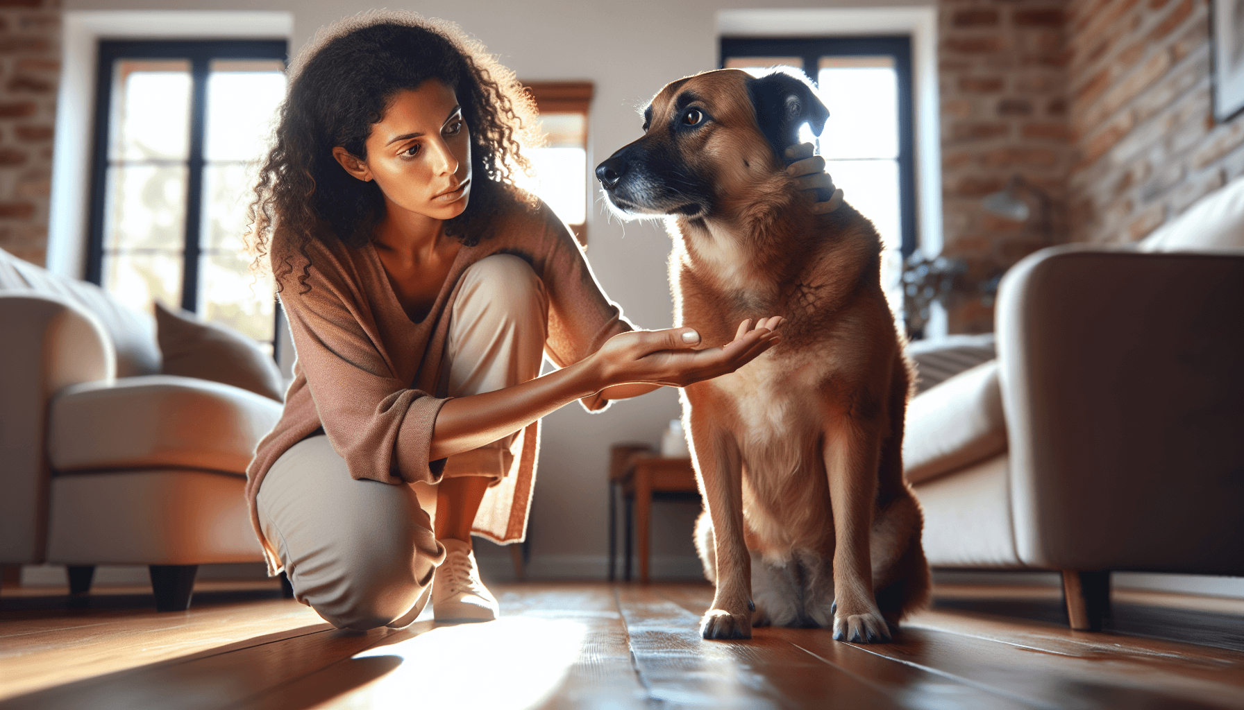 Tutora examinando cachorro marrom com espuma na boca em casa