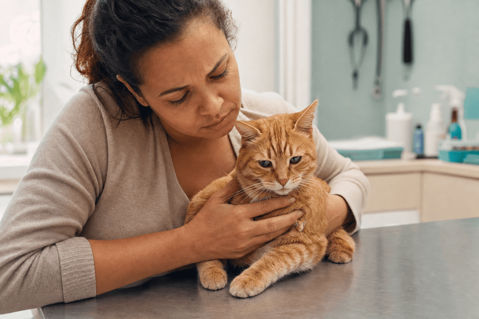 Tutora segurando gato laranja em mesa de exame veterinário