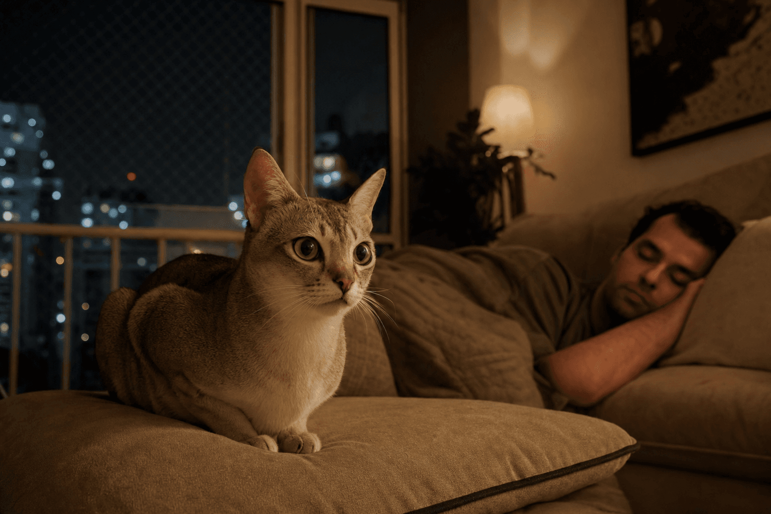 Gato doméstico alerta no sofá enquanto tutor dorme ao fundo