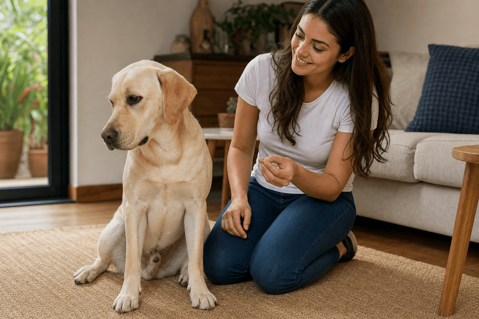 Tutora paciente treinando cachorro adolescente em sala de casa