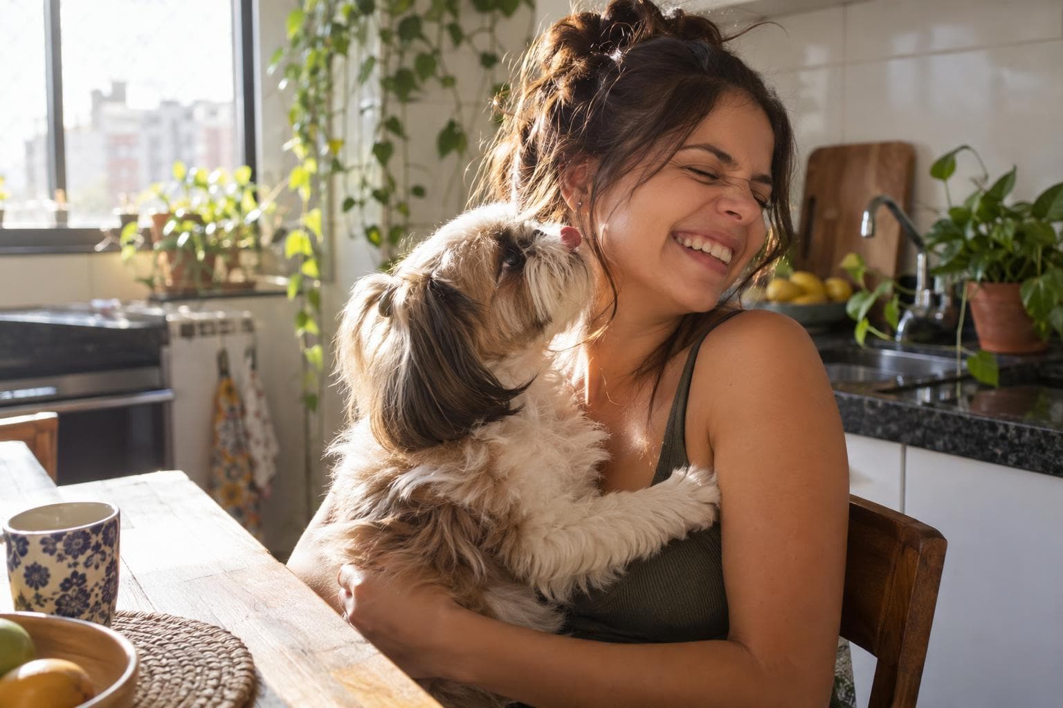Tutora rindo e virando o rosto enquanto shih-tzu tenta lambê-la