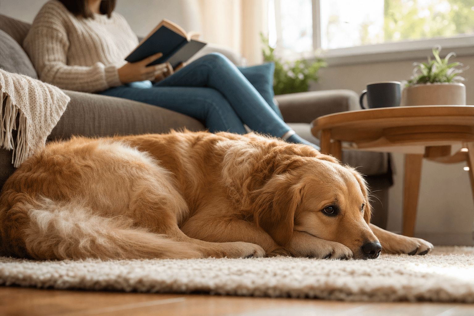 Golden retriever deitado no tapete com olhar relaxado ao lado de tutor
