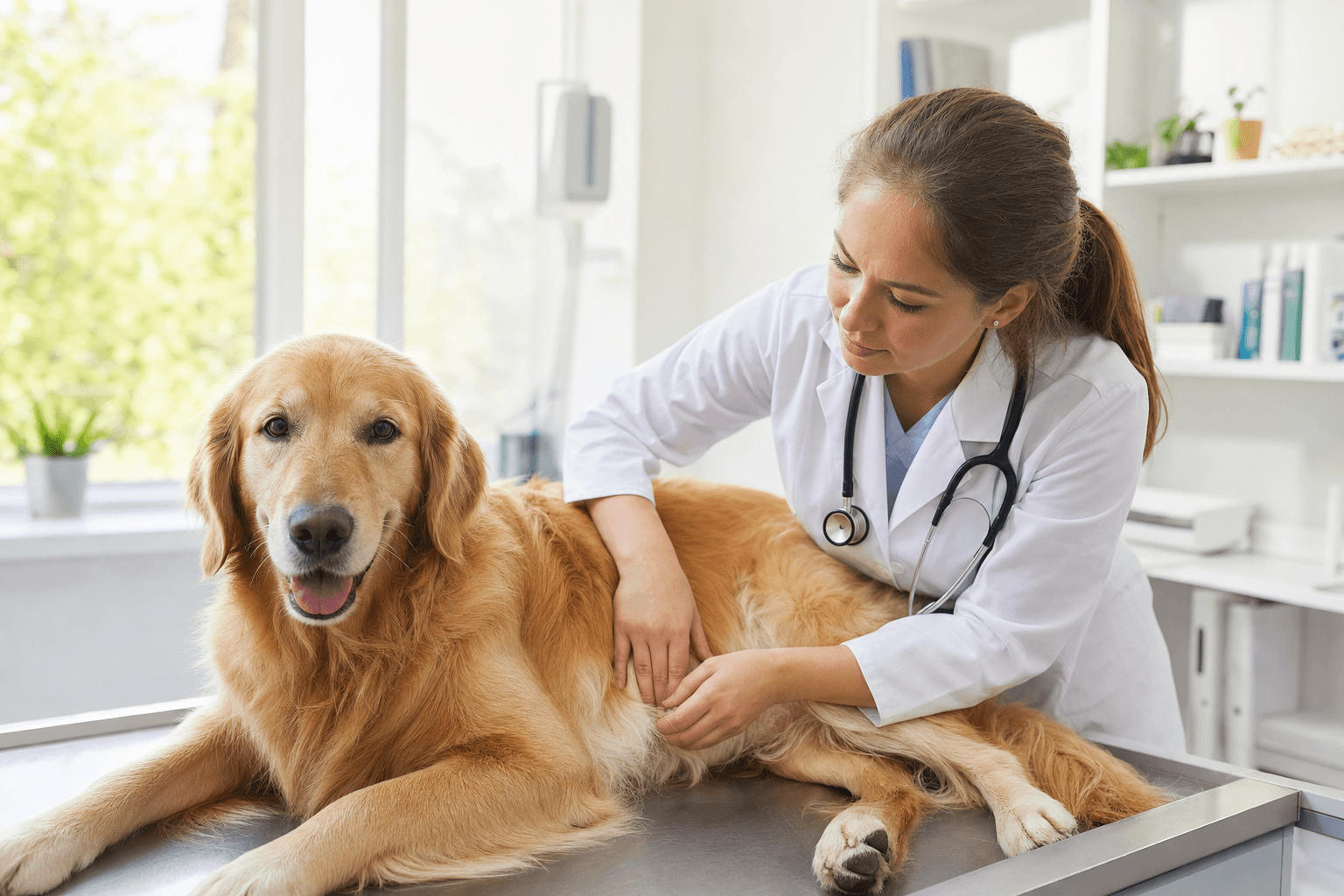 Cachorro deitado em mesa veterinária sendo examinado por médico