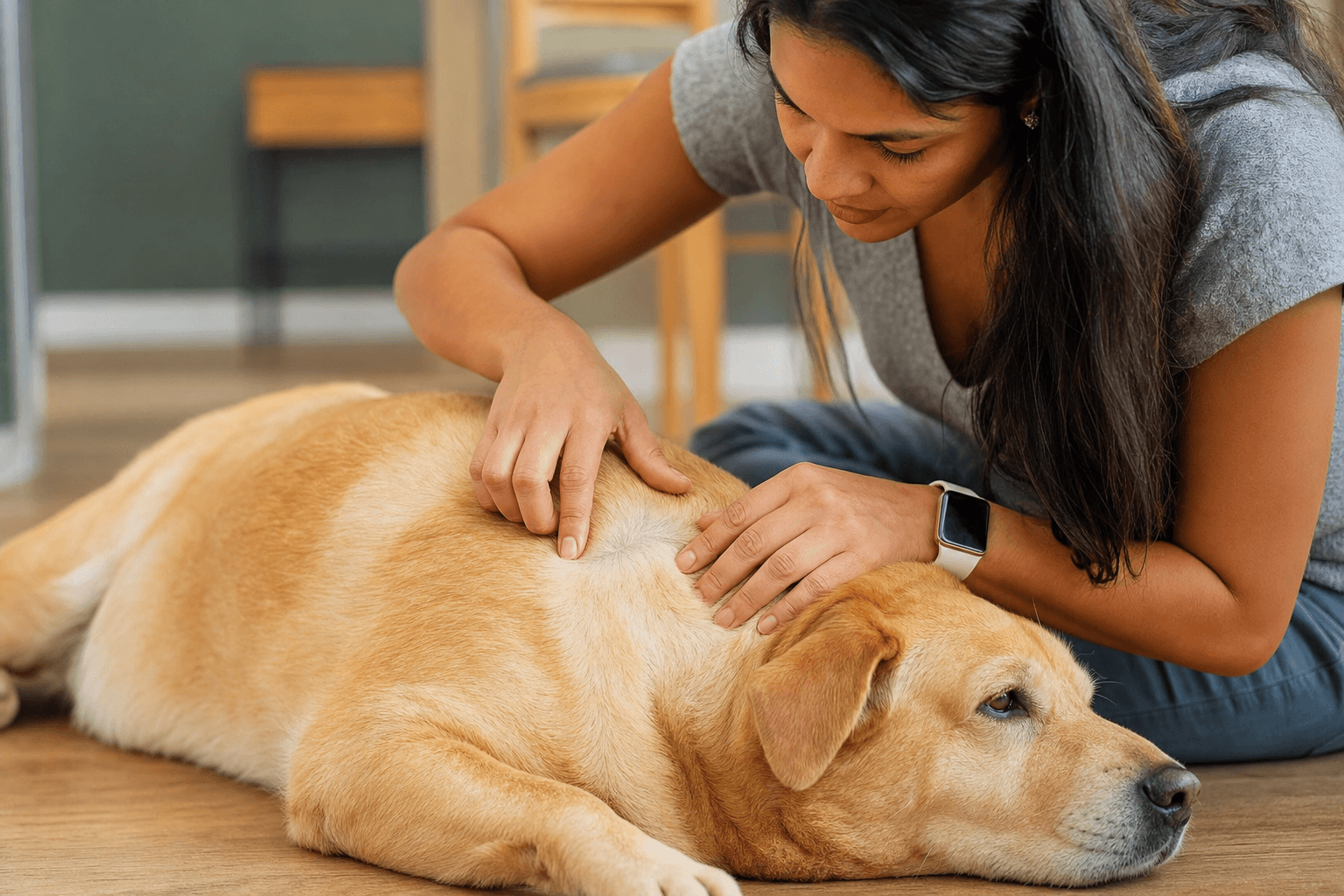 Tutora examinando a pele de cachorro Labrador dourado em casa