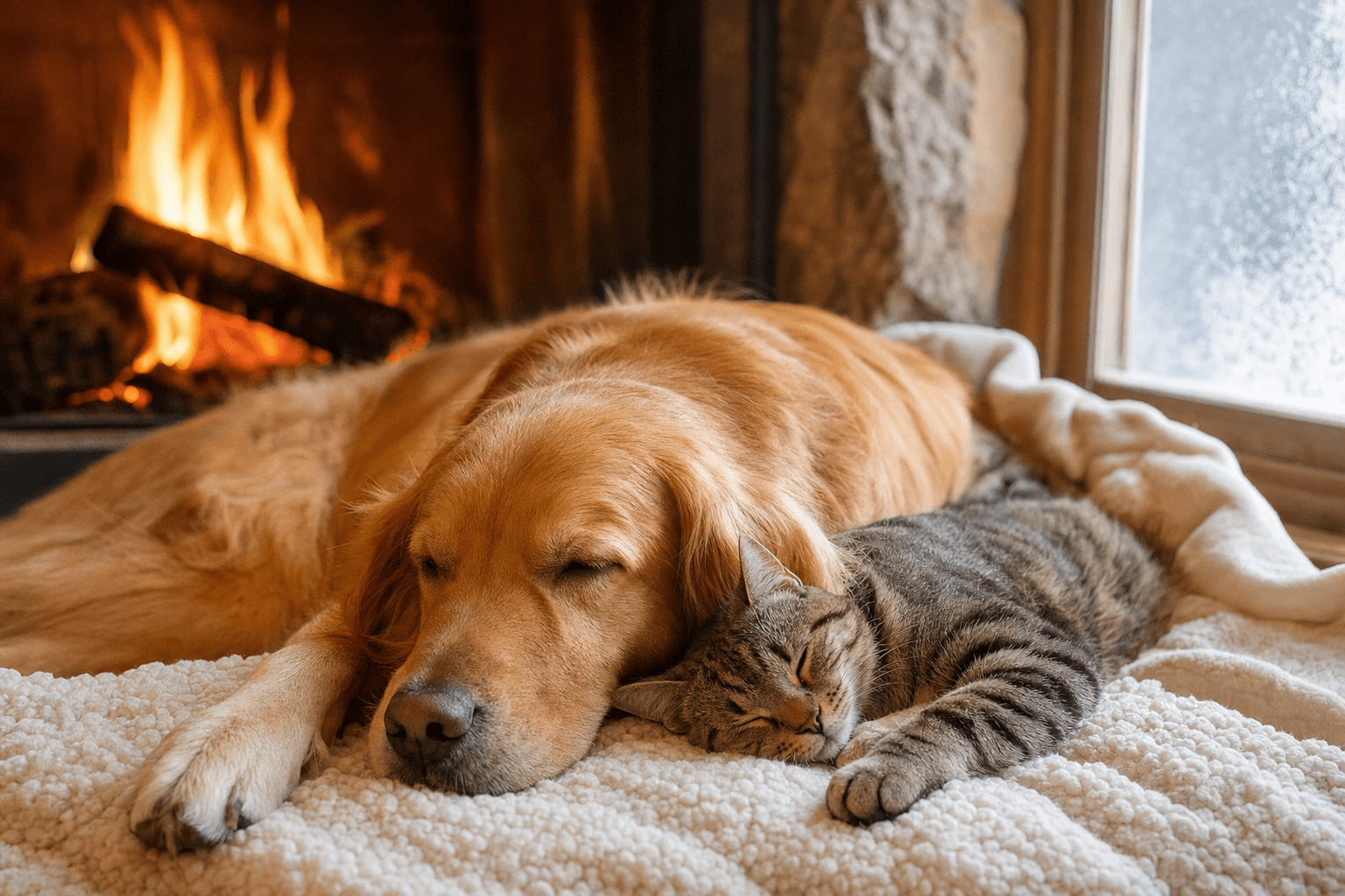 Cão e gato aquecidos juntos em cobertor no inverno