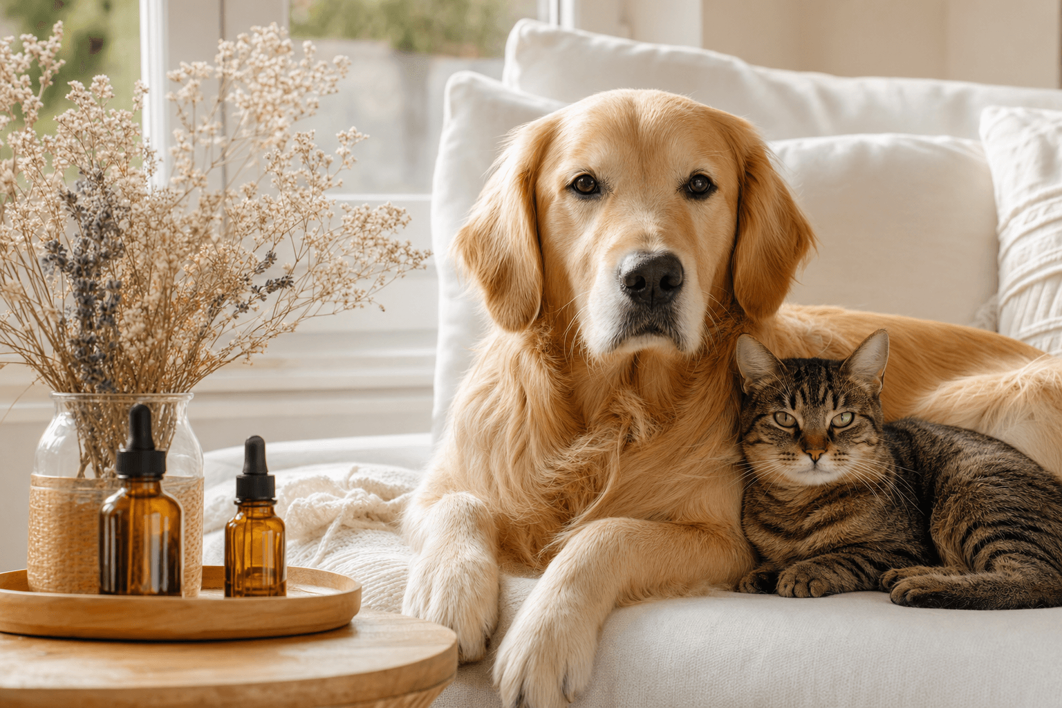 Cão e gato relaxados no sofá ao lado de frascos de florais